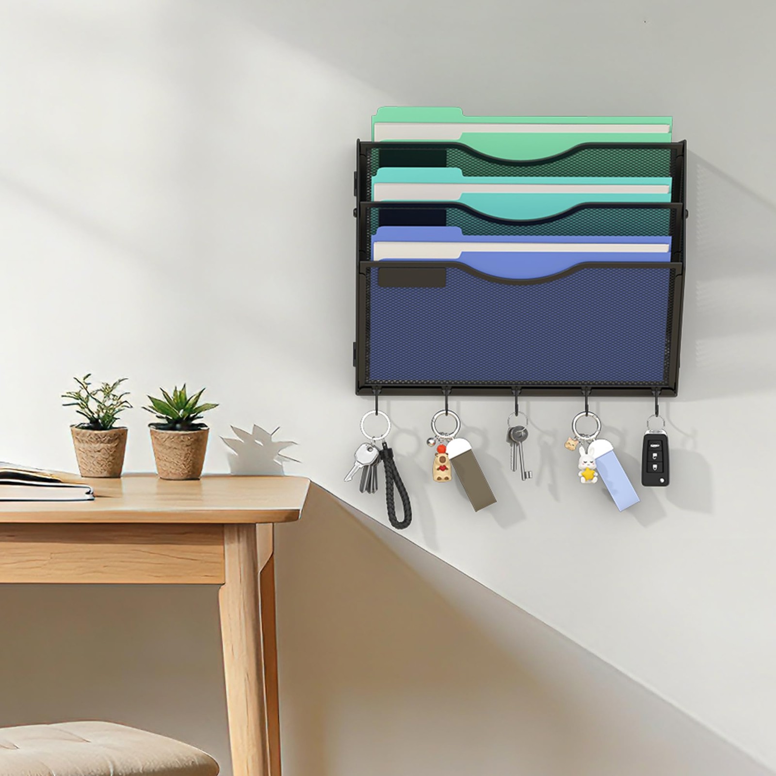 Gawerk Hanging Wall File Organizer with 5 Hooks – 3 Tier, 5-Tier Black