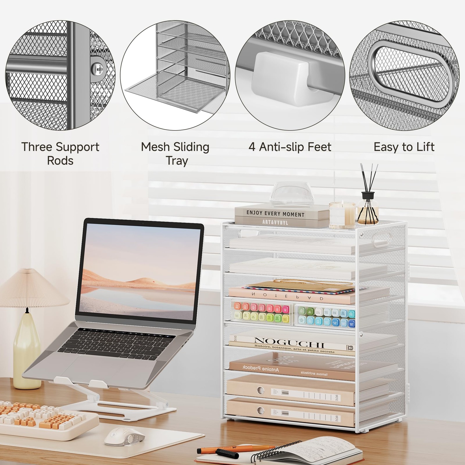 9 Tier Paper Letter Tray Desk Organizer with Handles – White Metal Mesh File …
