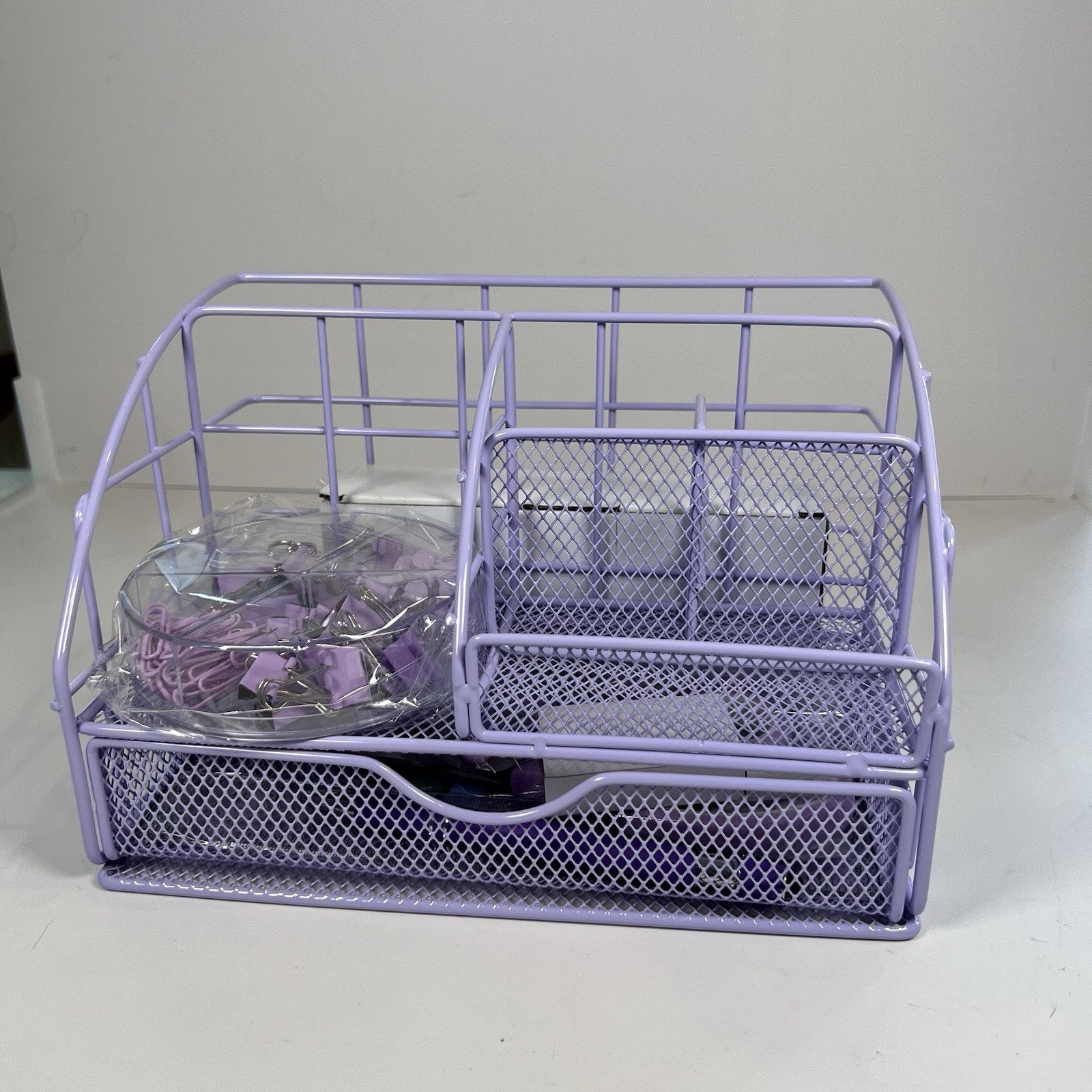 Purple Desk Accessories: mesh Caddy, Pen Holder, Stapler, Staples, Pen, Etc.