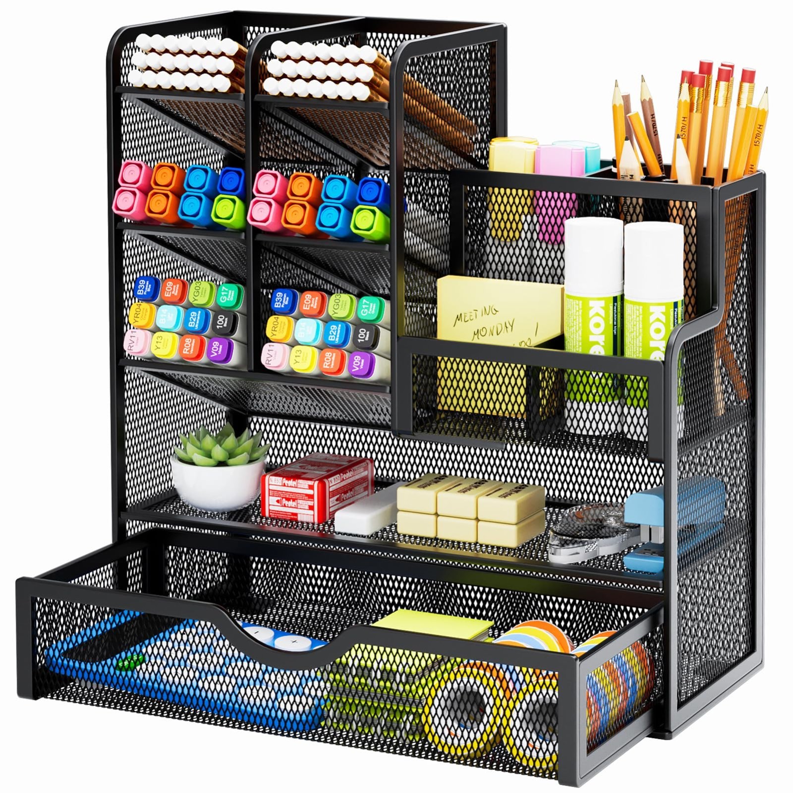 Multi-Functional Mesh Pen Holder with Drawer – Desk Organizer for Office & Art S