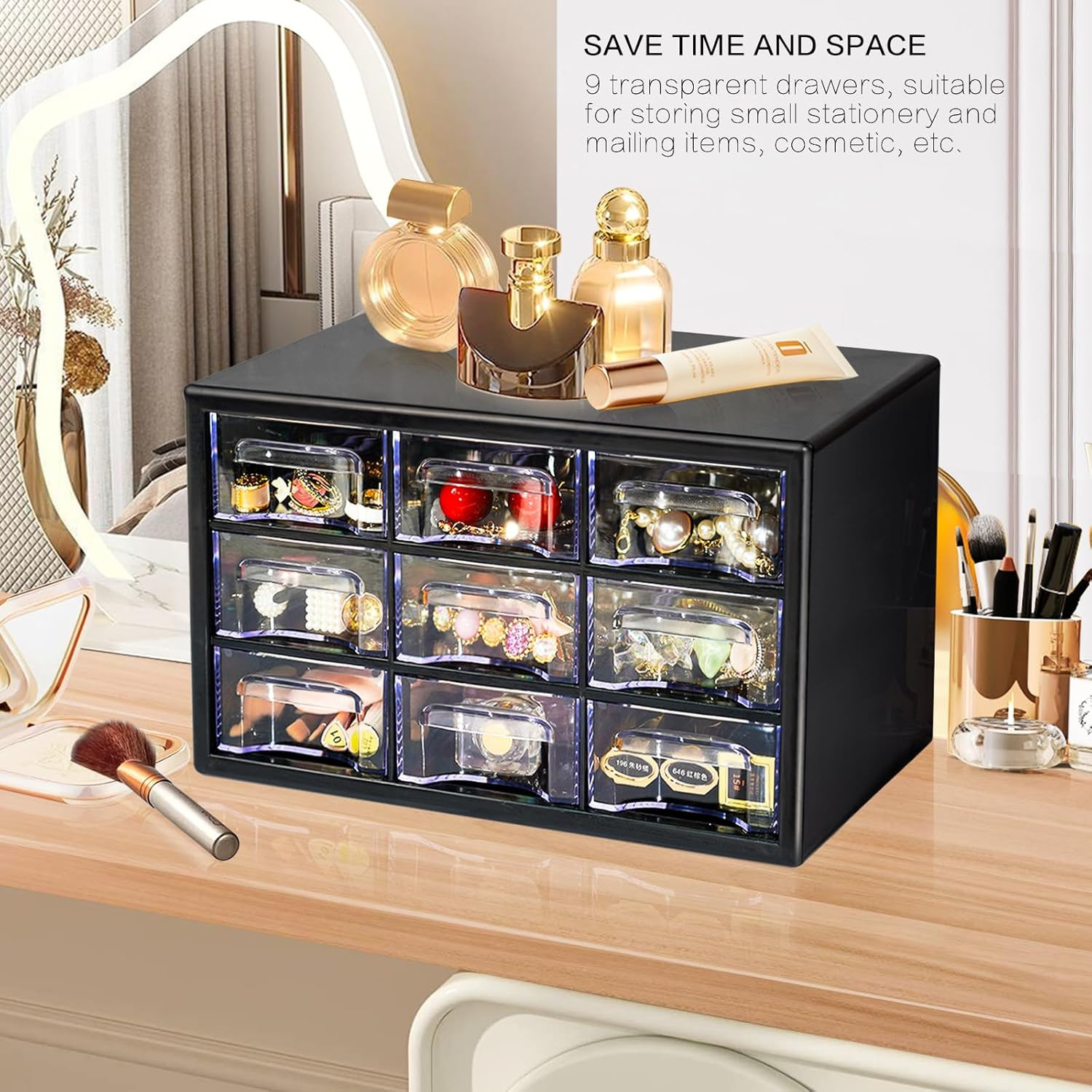 Desk Storage Organizer with 9 Drawers, FODIENS Stackable Desktop Craft Drawer Ca