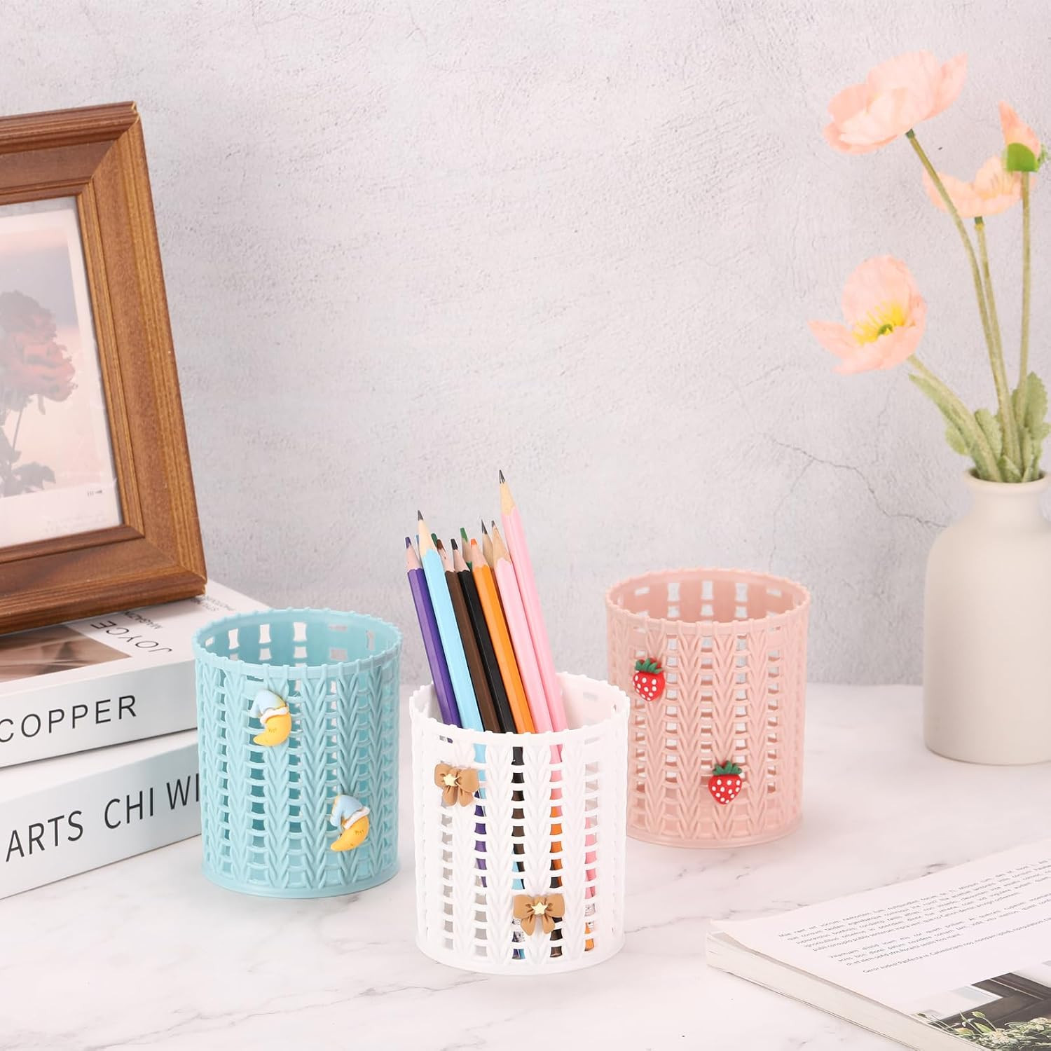 Pencil Holder, 2 Pack Plastic Pen Holder for Desk Cute Pencil Holders Strawberry