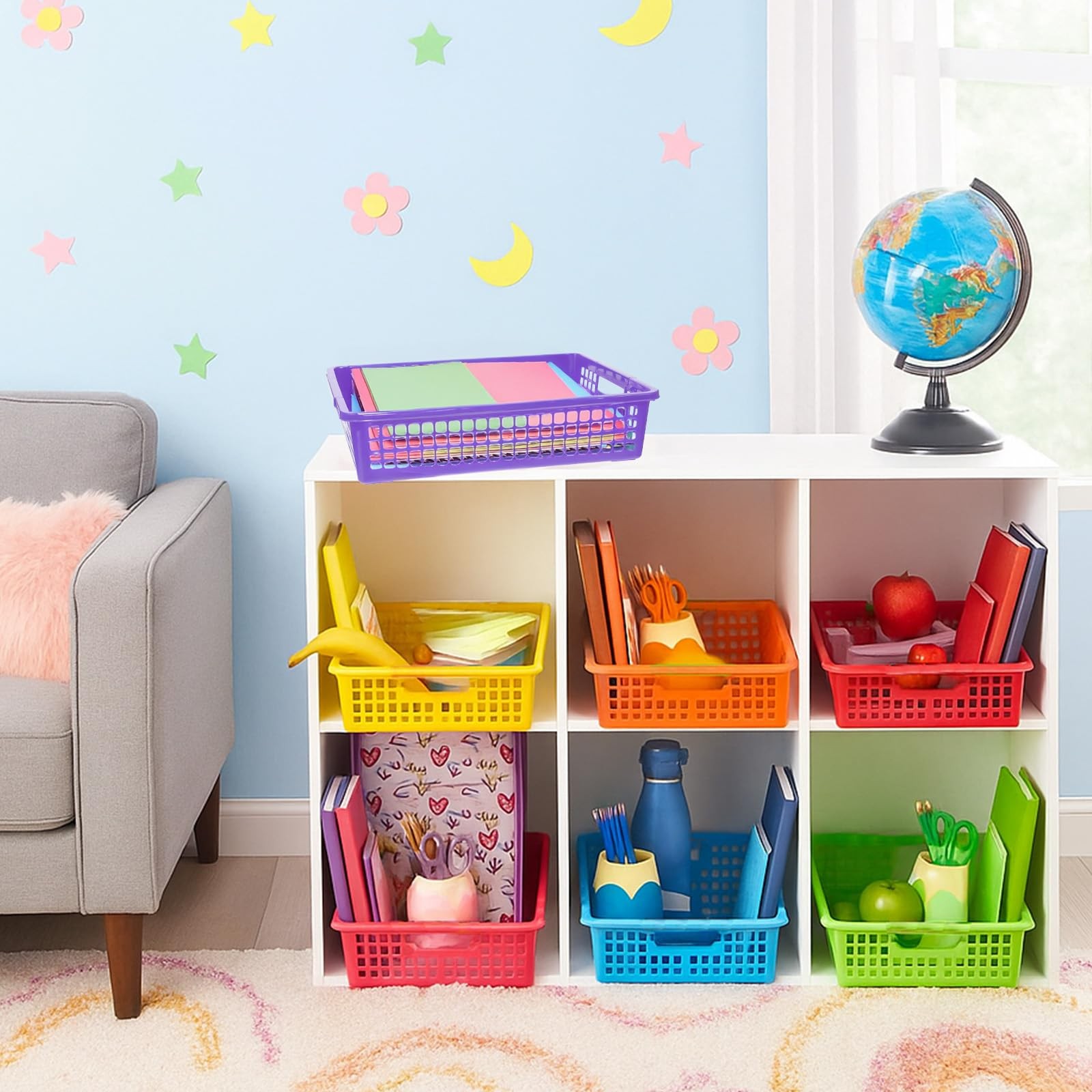 7 PCS Multicolor Plastic Turn In Paper Trays Handles 13.58x10x3.14 Inch Bins