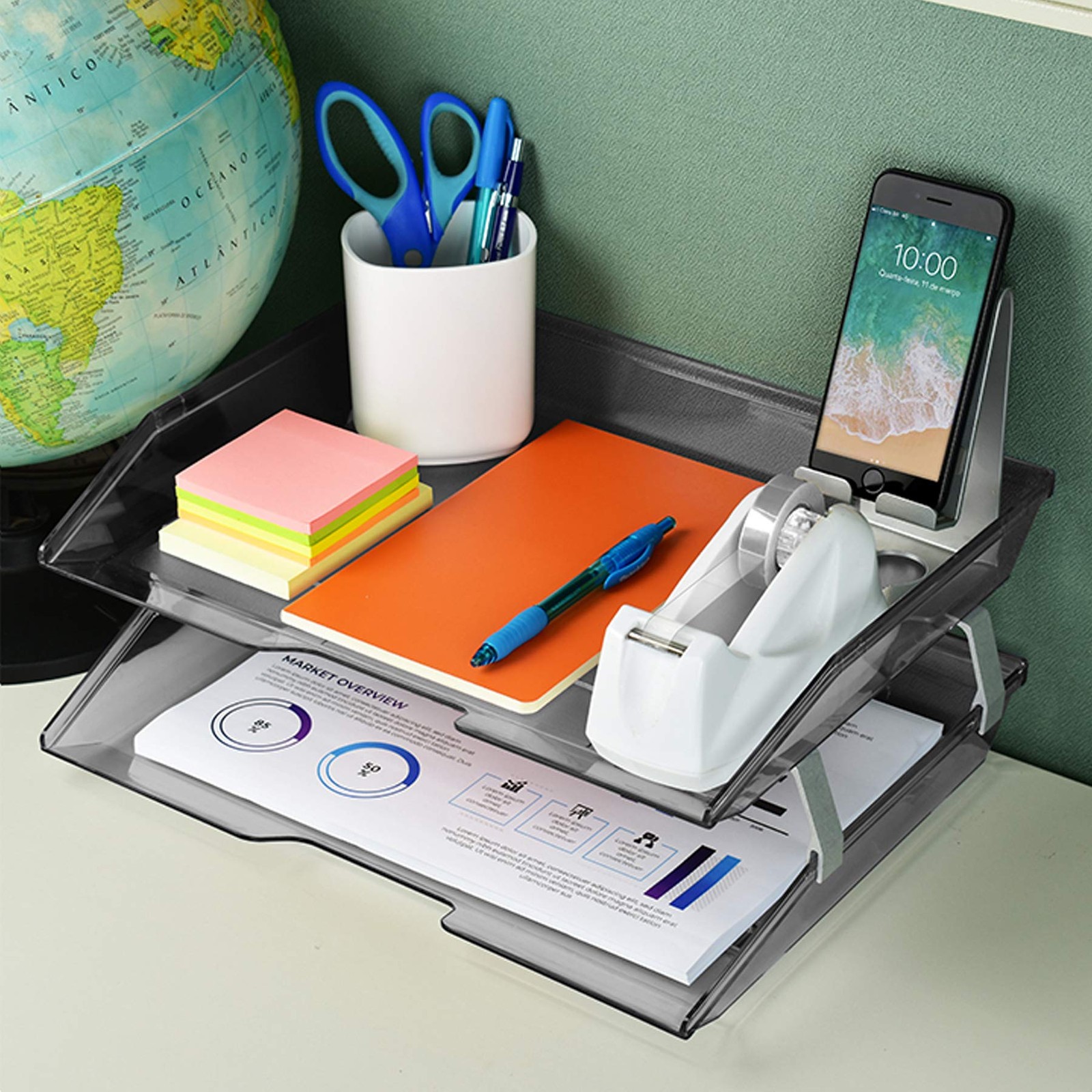 2 Tier Letter Tray Side Load Letter Size A4 Desktop File Organizer Clear Gray