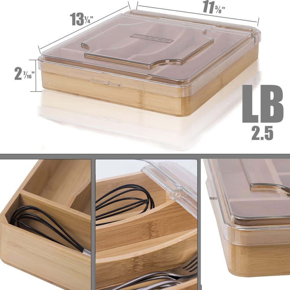 Kitchen Drawer Organizer, 13 Inch Bamboo Utensil Tray, 5 Slots, Removable Lid