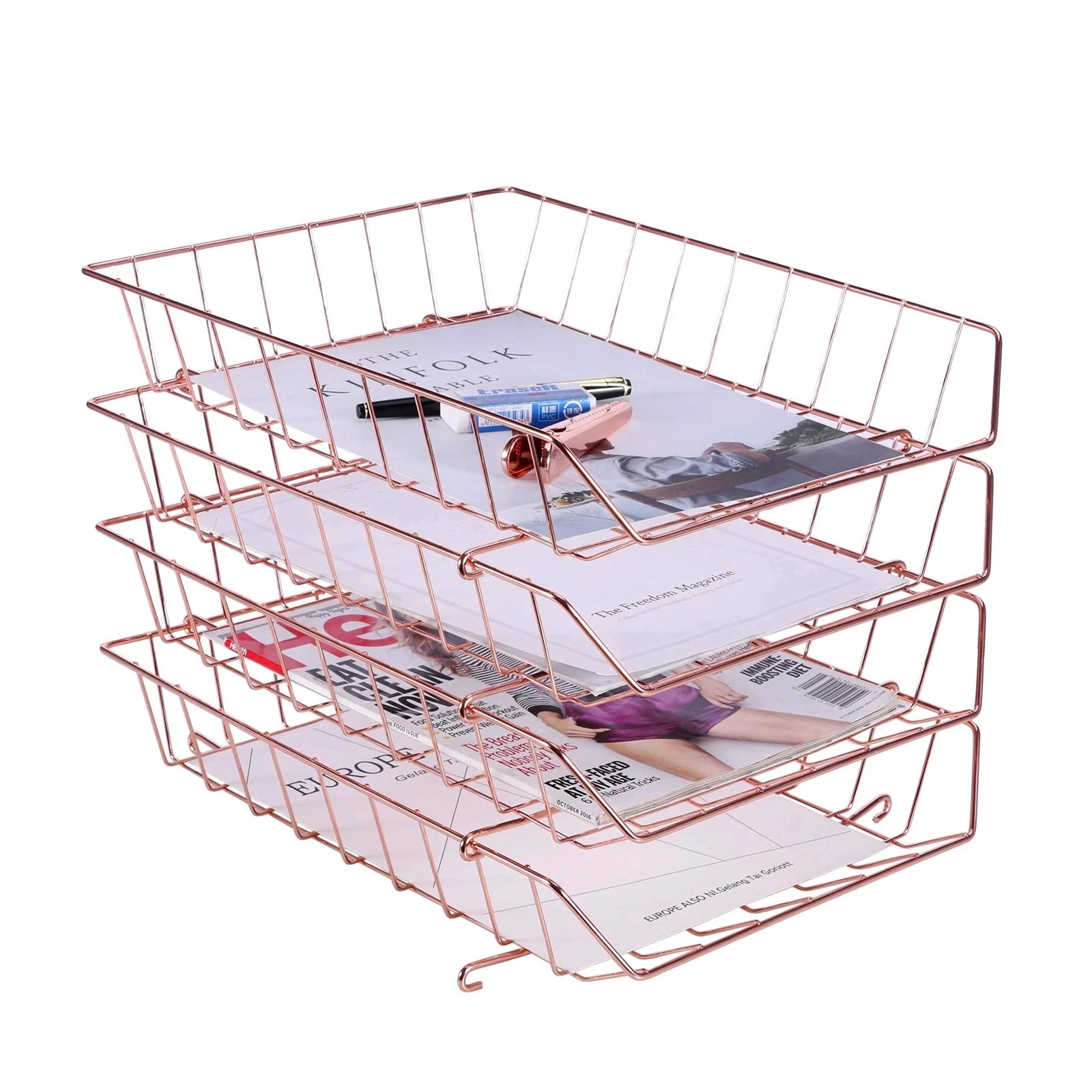 Rose Gold Stackable Letter Tray 4-Tier Desk File Organizer for Mails Docs