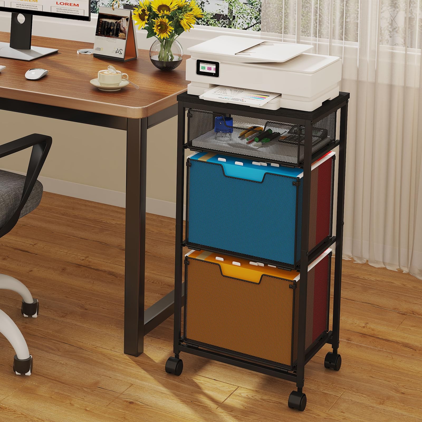 Sbanmao 3 Drawer Mobile File Cabinet for 1 Small + 2 Large Drawers, Black
