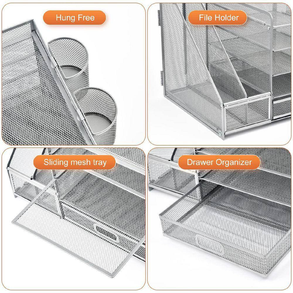 13.77 in X 11.02 in Silver Metal Desk Organizer with File Holder, 5-Tier Tray Or