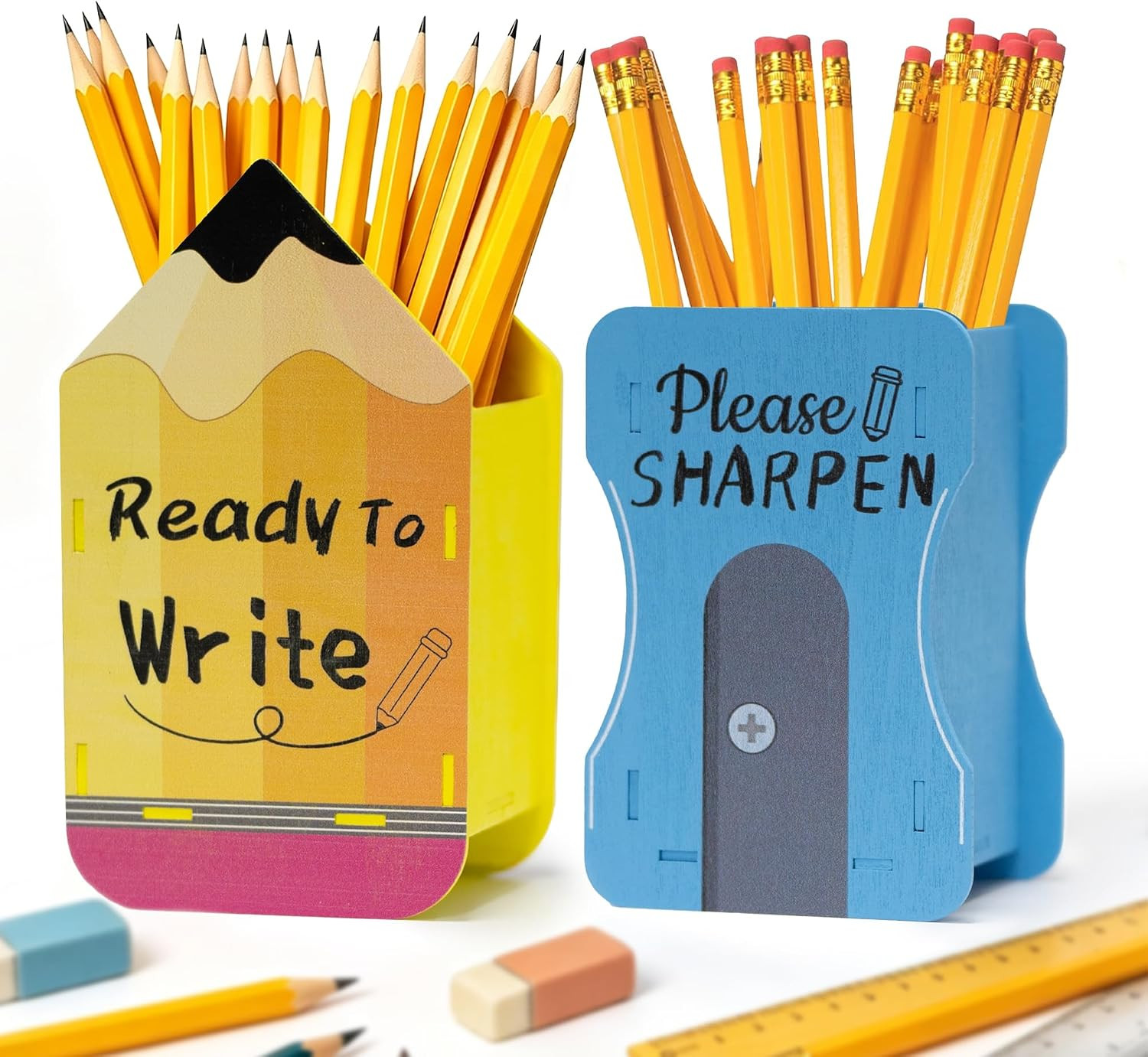 2 PCS Wooden Pencil Dispenser, Sharp and Dull Pencil Holder for Classroom, Back