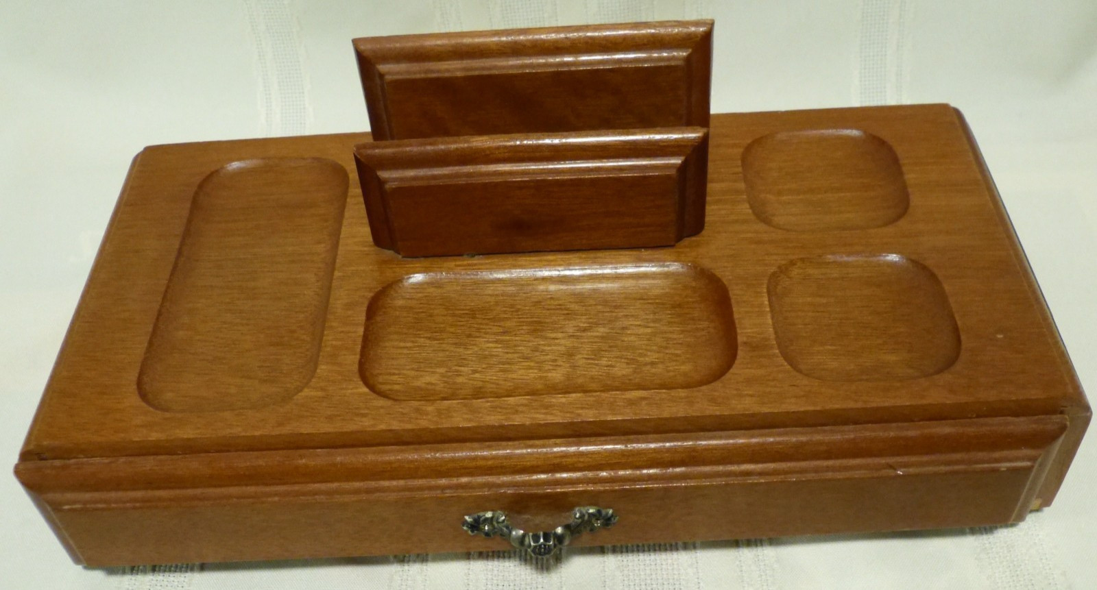 Vintage London Leather Men’s Wood Jewelry Valet Box, MCM, Brass Drawer Pull