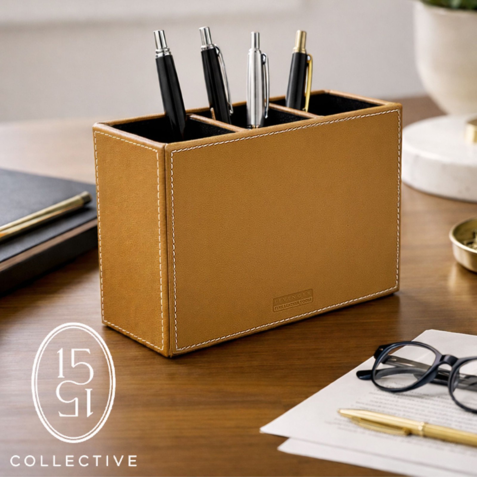 LEVENGER Fine Leather Tools Genuine Leather Cognac 3-Compartment Desk Organizer