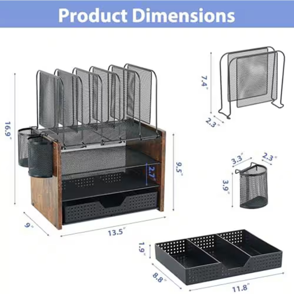 4-Tier Mesh Wood Desktop Organizer Shelf Vertical File Holder with Drawer and Pe