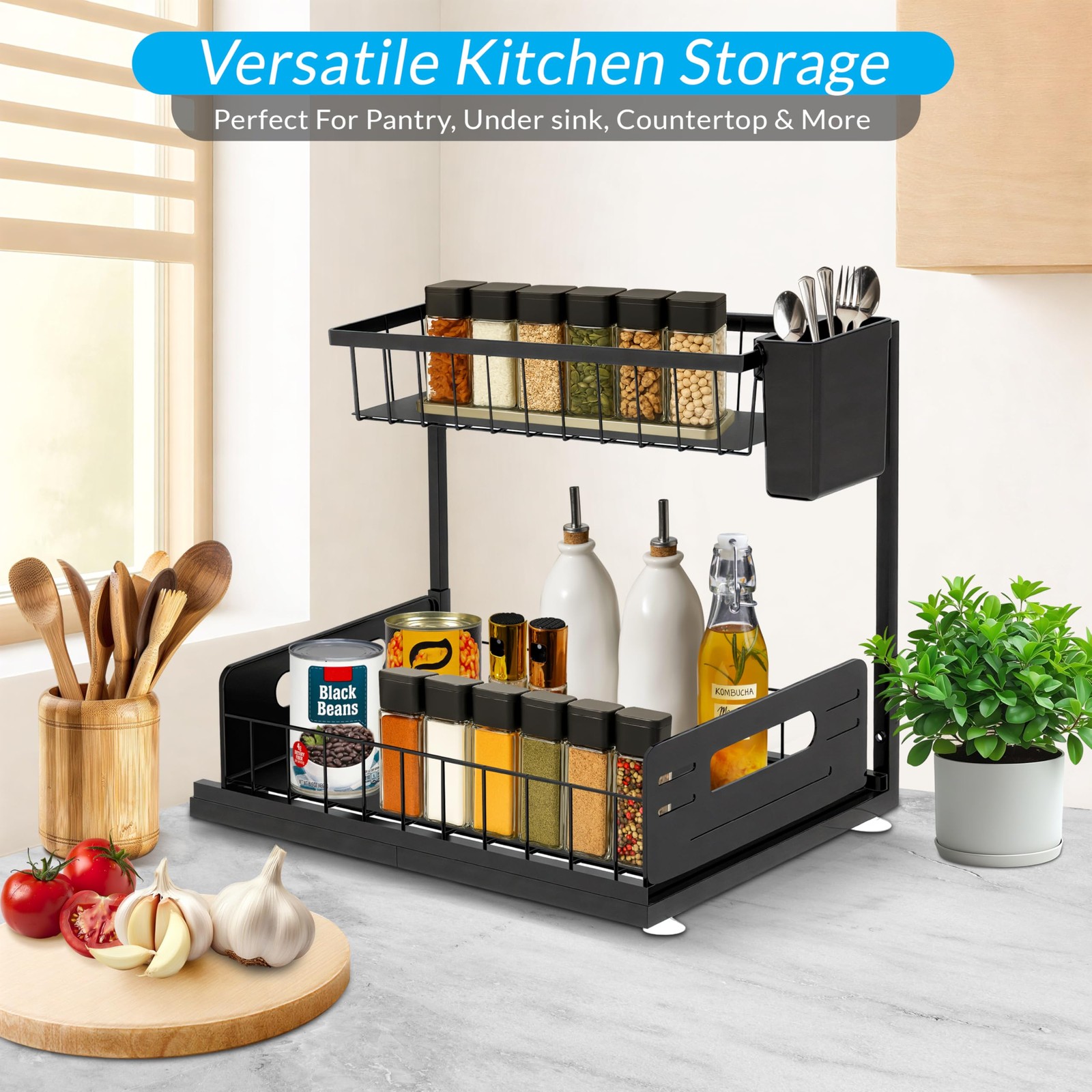 Under Sink Organizer 2 Tier with Slide-Out Drawer and Brush Holder (1) Black