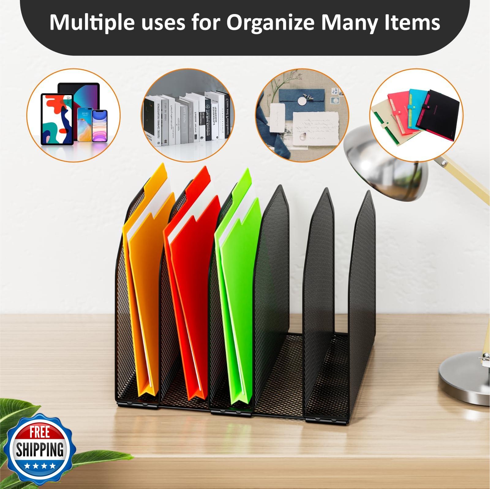 FUCDTEFC Desk File Organizer, Adjustable 5 Sections Upright Desktop Organizer