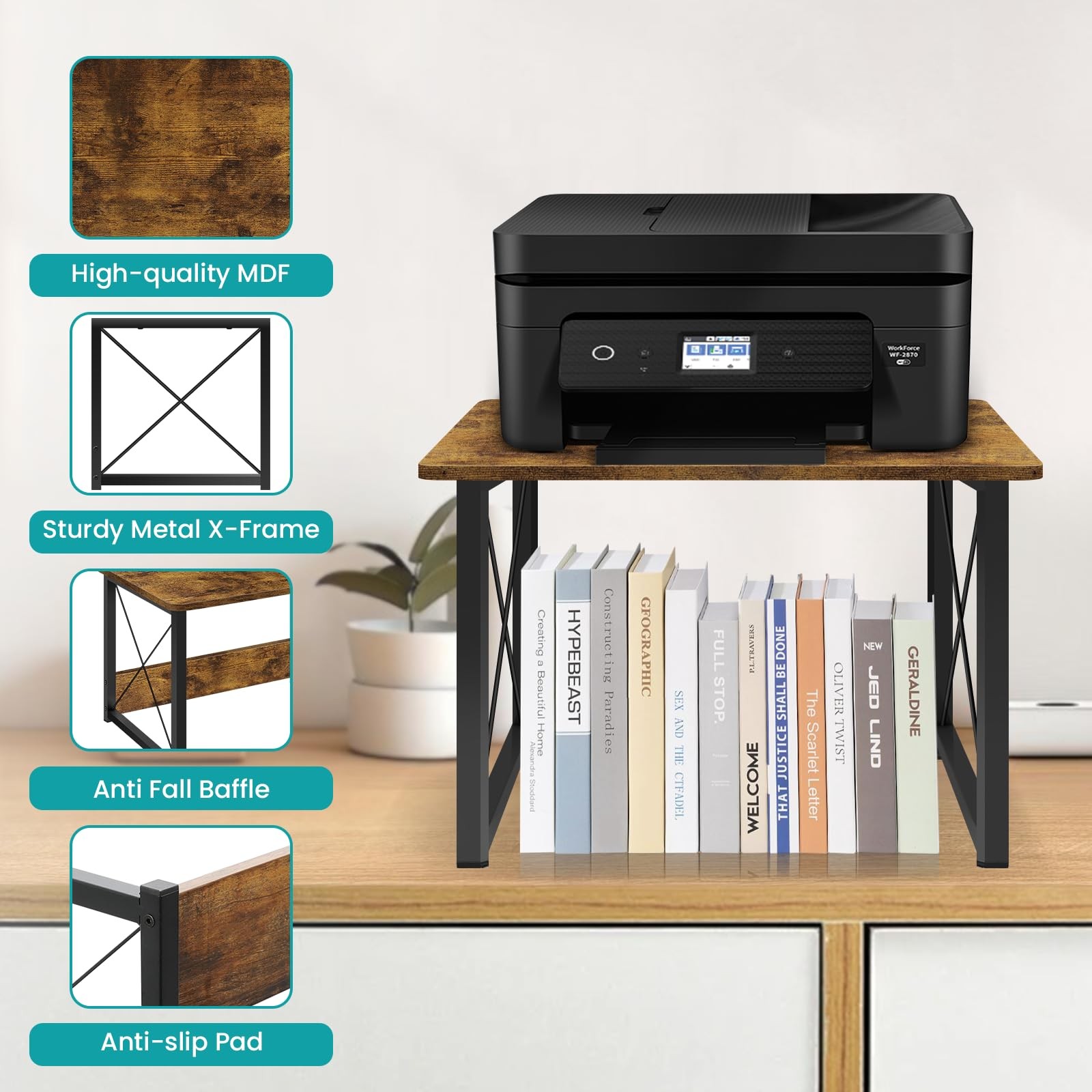 ELITEROO Desktop Printer Stand with Storage, Shelf Rustic Brown