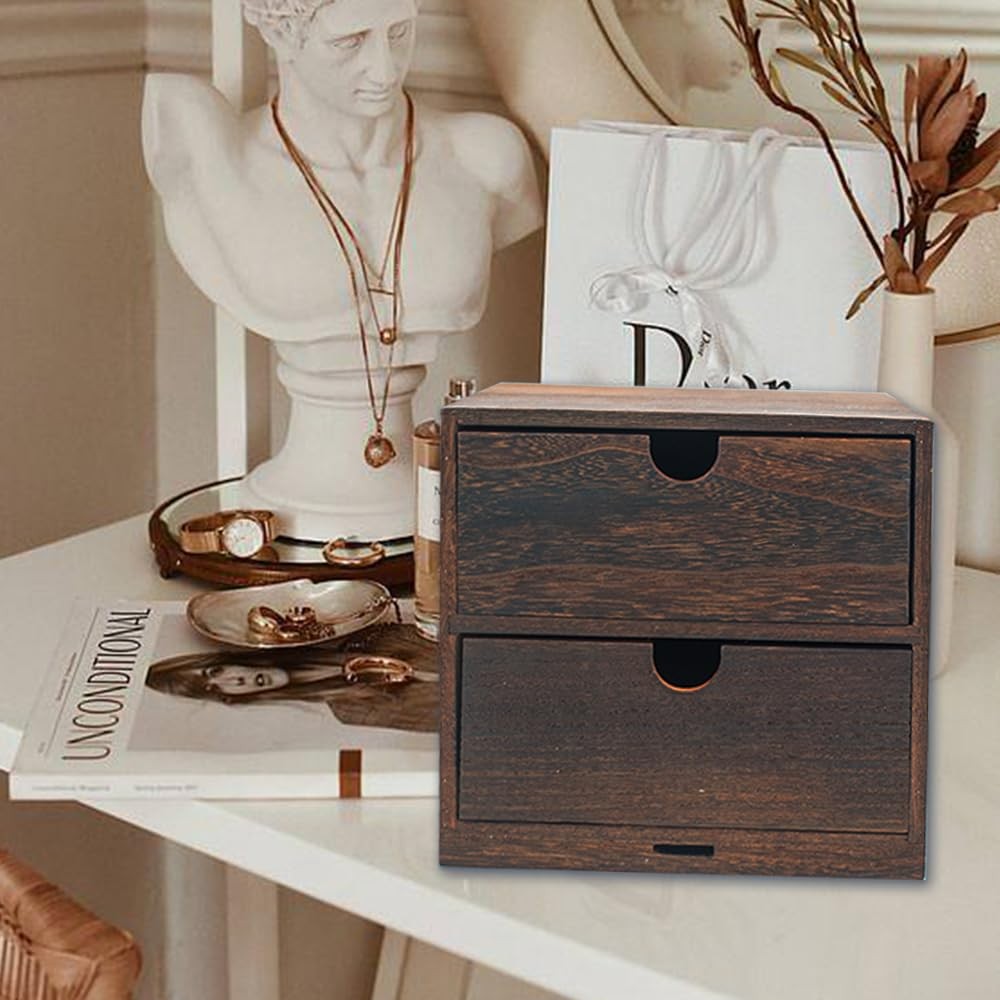 2-Drawer Desk Organizer Rustic Wooden Drawer for Storing Dark Brown