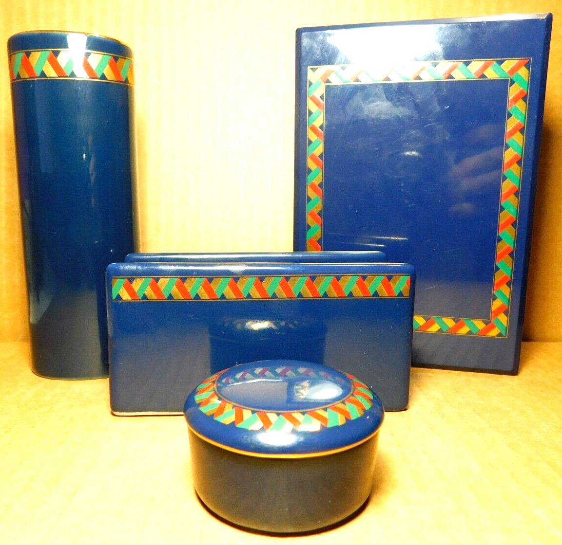 OSS~Otigari Florentine Cobalt Blue Gold Trim Japan Judith Raices Desk Set 1980’s