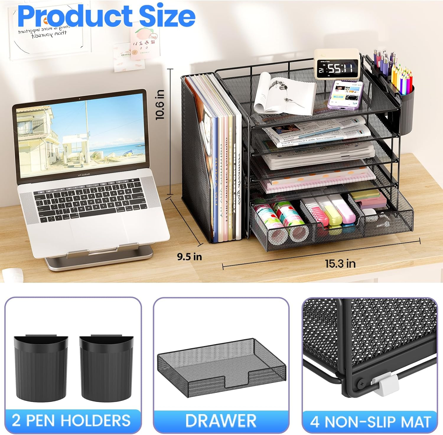 Desk Organizer, 5-Tier Paper File Organizer with Drawer & Pen Holder, Office Des