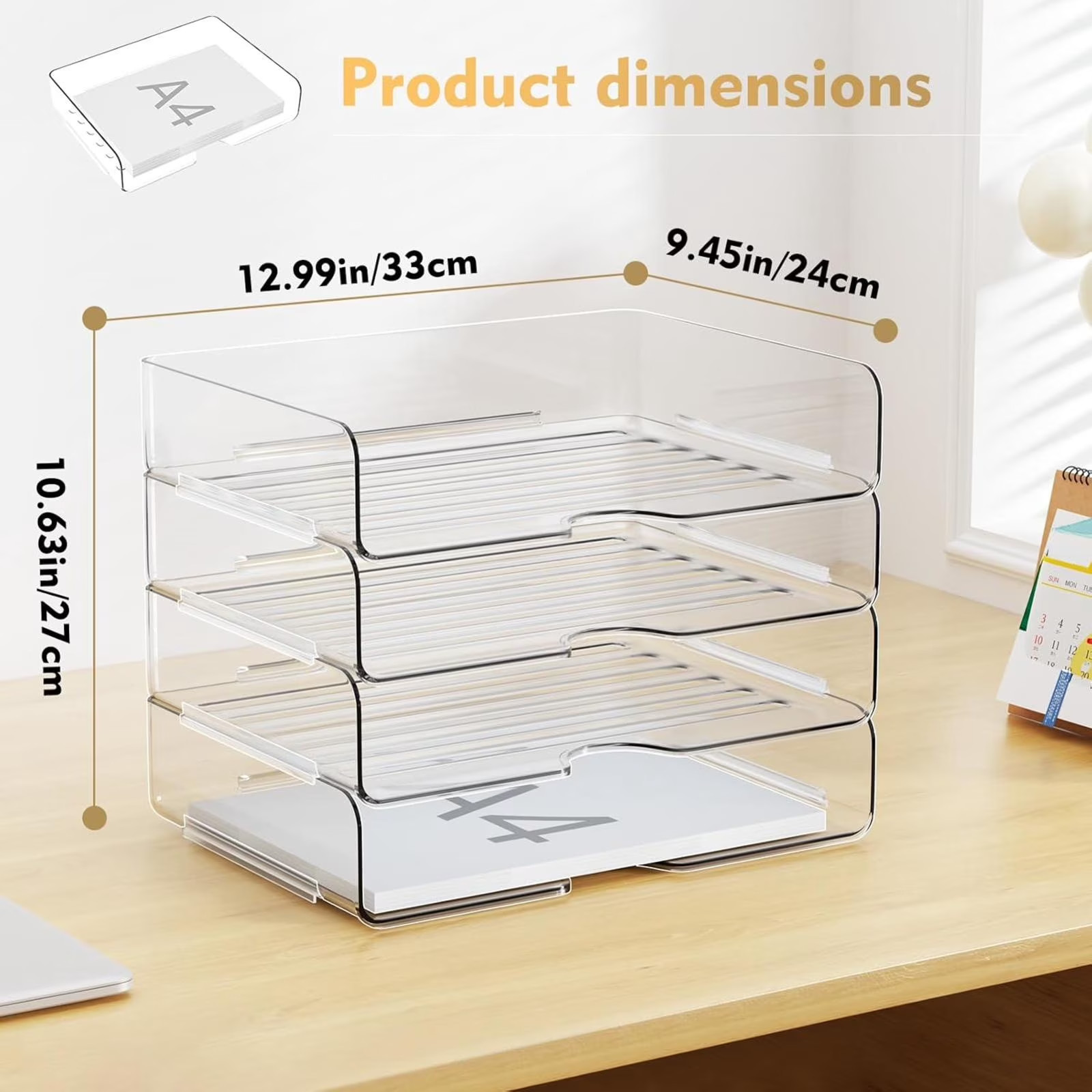 Clear 4-Tier Stackable Desk Organizer, Horizontal Paper File Tray, Desktop Docum
