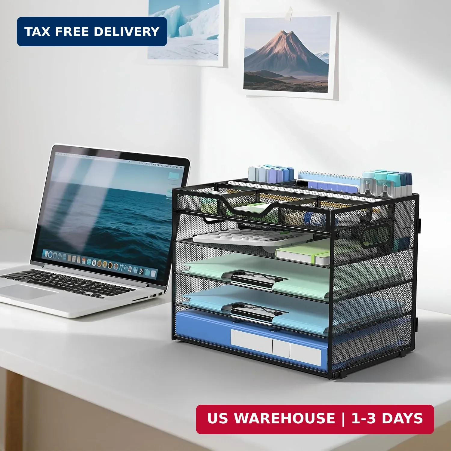 Docnest 5 Tier Mesh Desk Organizer with Adjustable Compartments – Stackable Lett