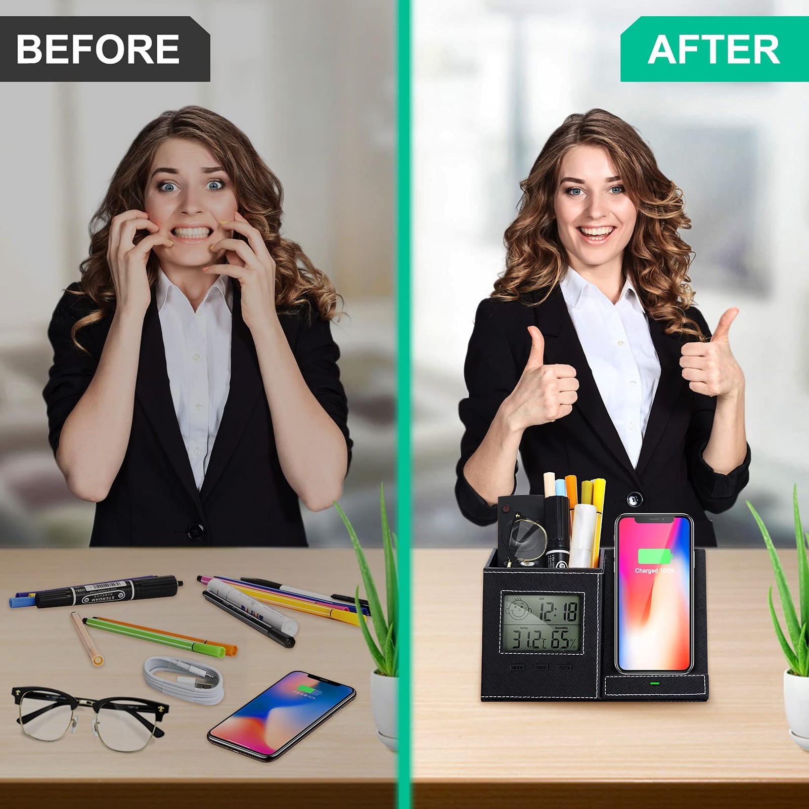 Pen Holder, Pen Organizer for Desk with Wireless Charger, Digital Indoor Ther…