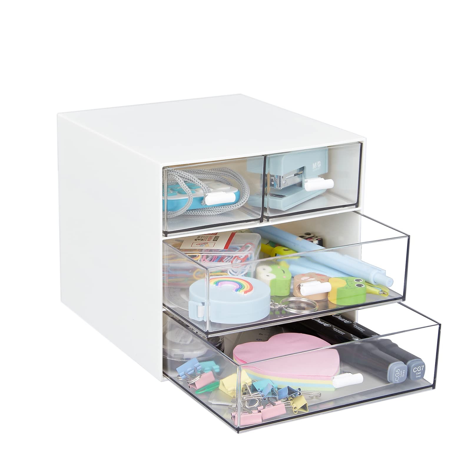 Desk Organizer with 4 Drawers, Clear Plastic Desk Storage Box, Desktop Organi…