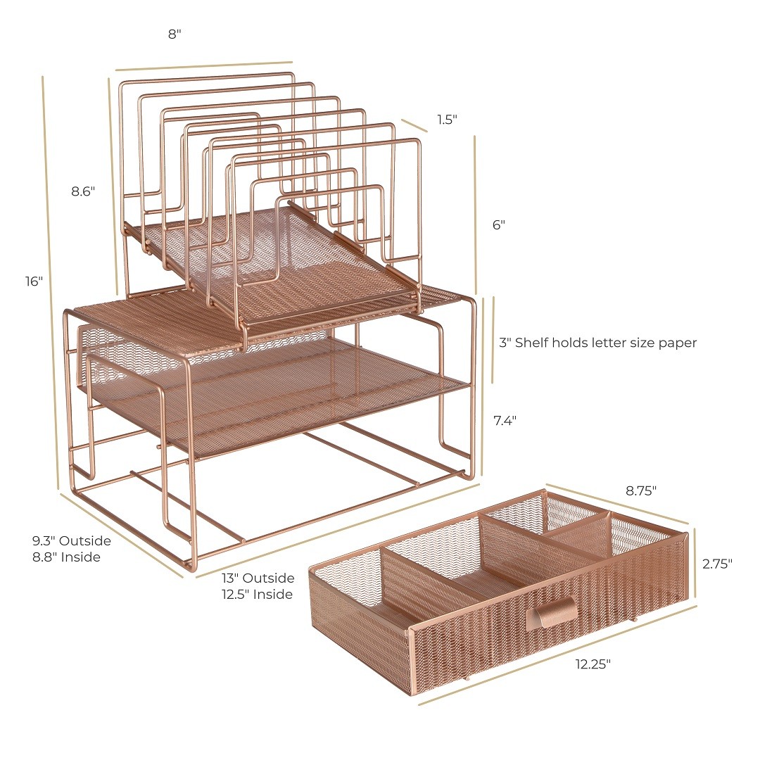 Workspace Rose Gold Desk Organizer and Accessories Desktop Rack with File sorter
