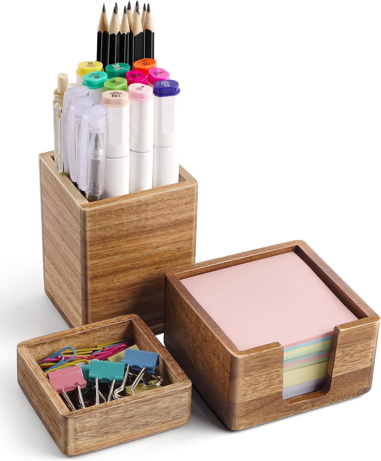 Acacia Wood Desk Organizer Set with Sticky Note Holder, Pencil Pen Cup & Paper C