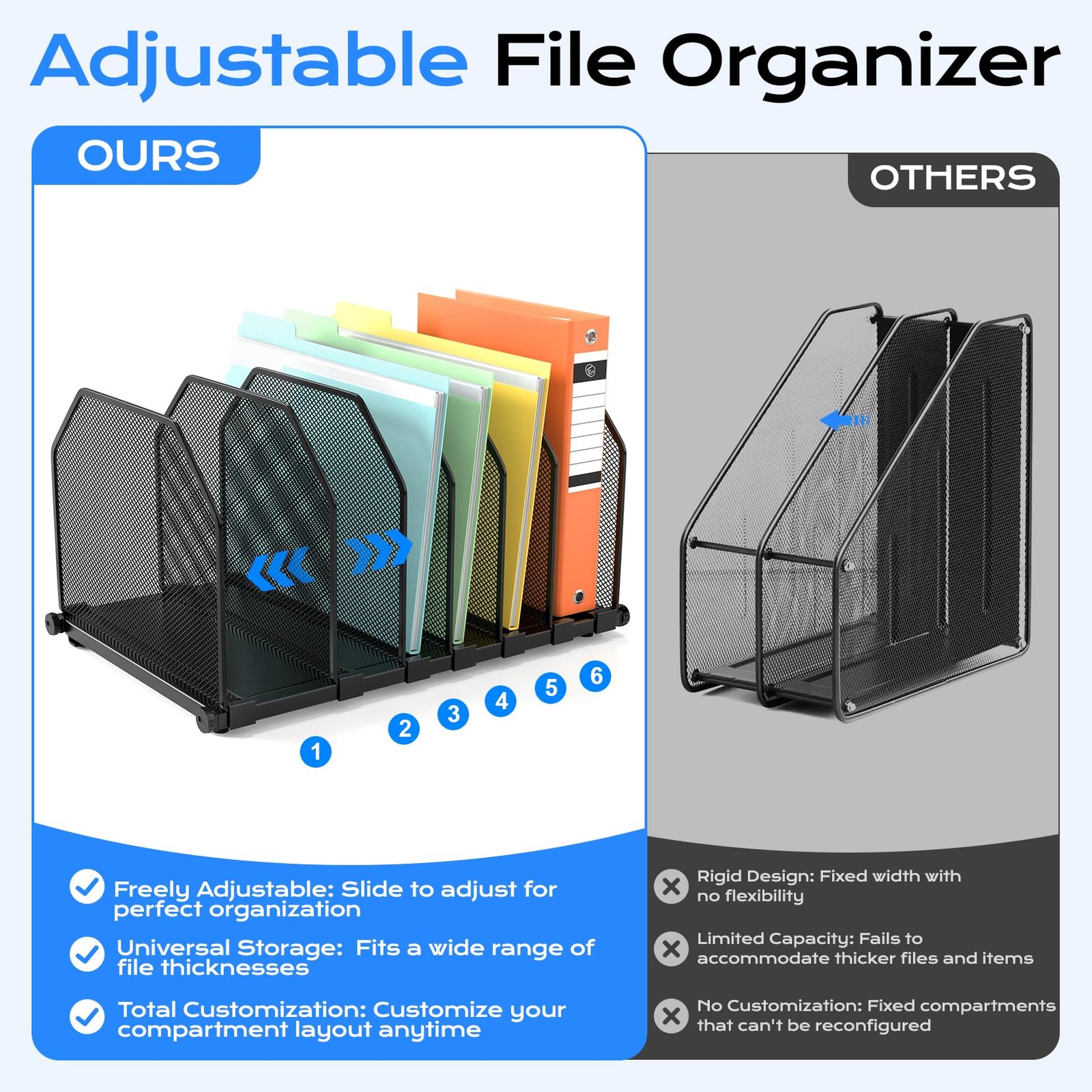 ZONGALL Adjustable File Organizer for Desk, 6 Sections Vertical Black