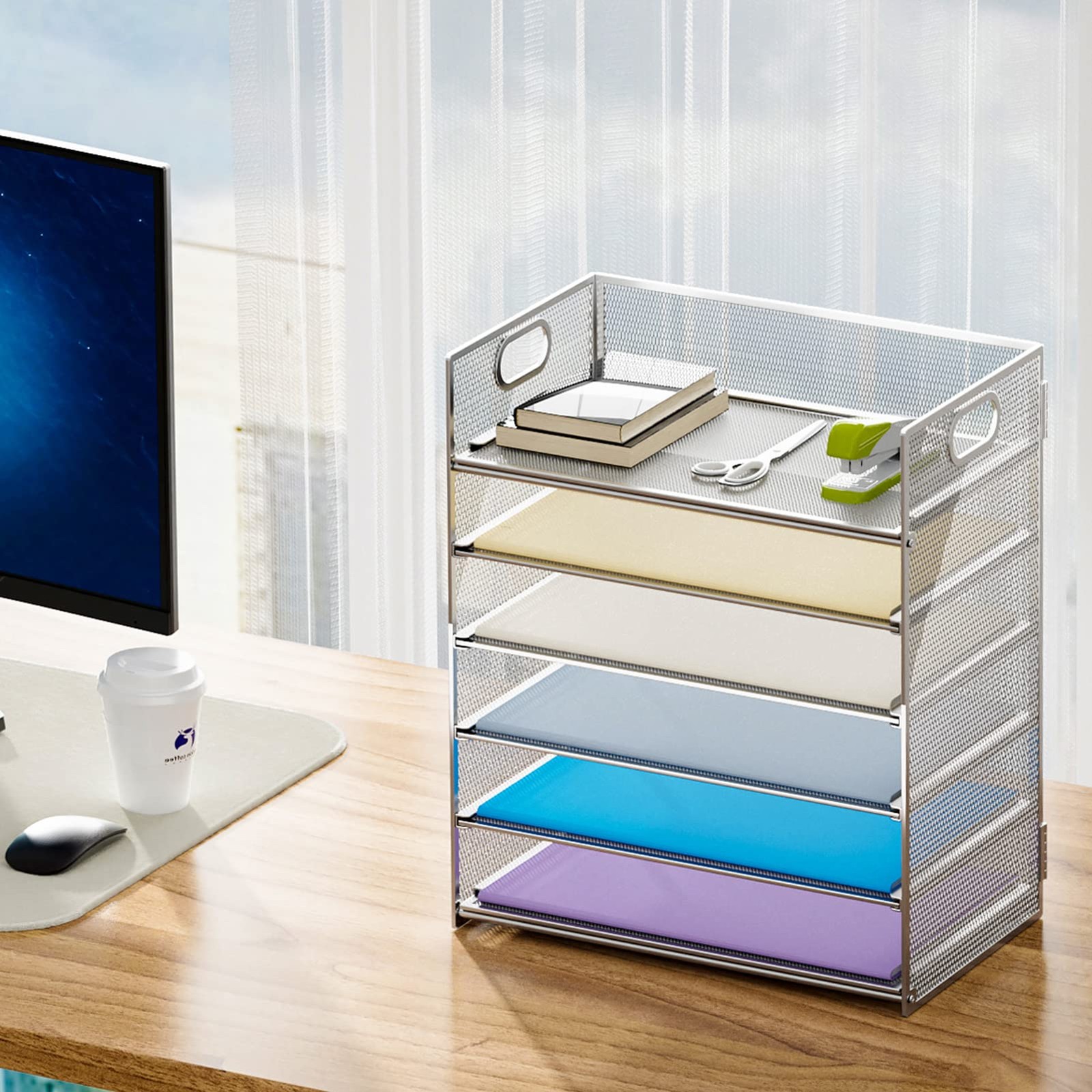 6Tier Mesh File Organizer with Handle, Letter/A4 Paper Tray Silver
