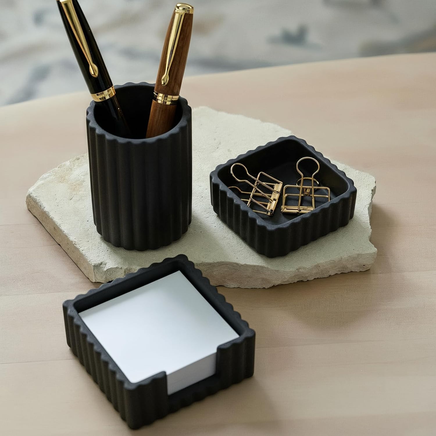 Modern Concrete Desk Organizer Set for Pens & Supplies – Black Brushed Finish