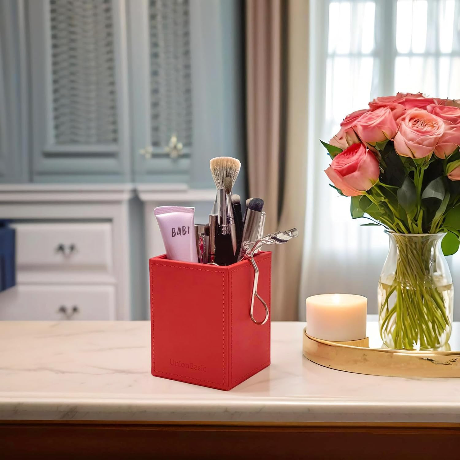 Square Pen Holder, Leather Pencil Cup, Desktop Caddy Stationery Organizer, Red