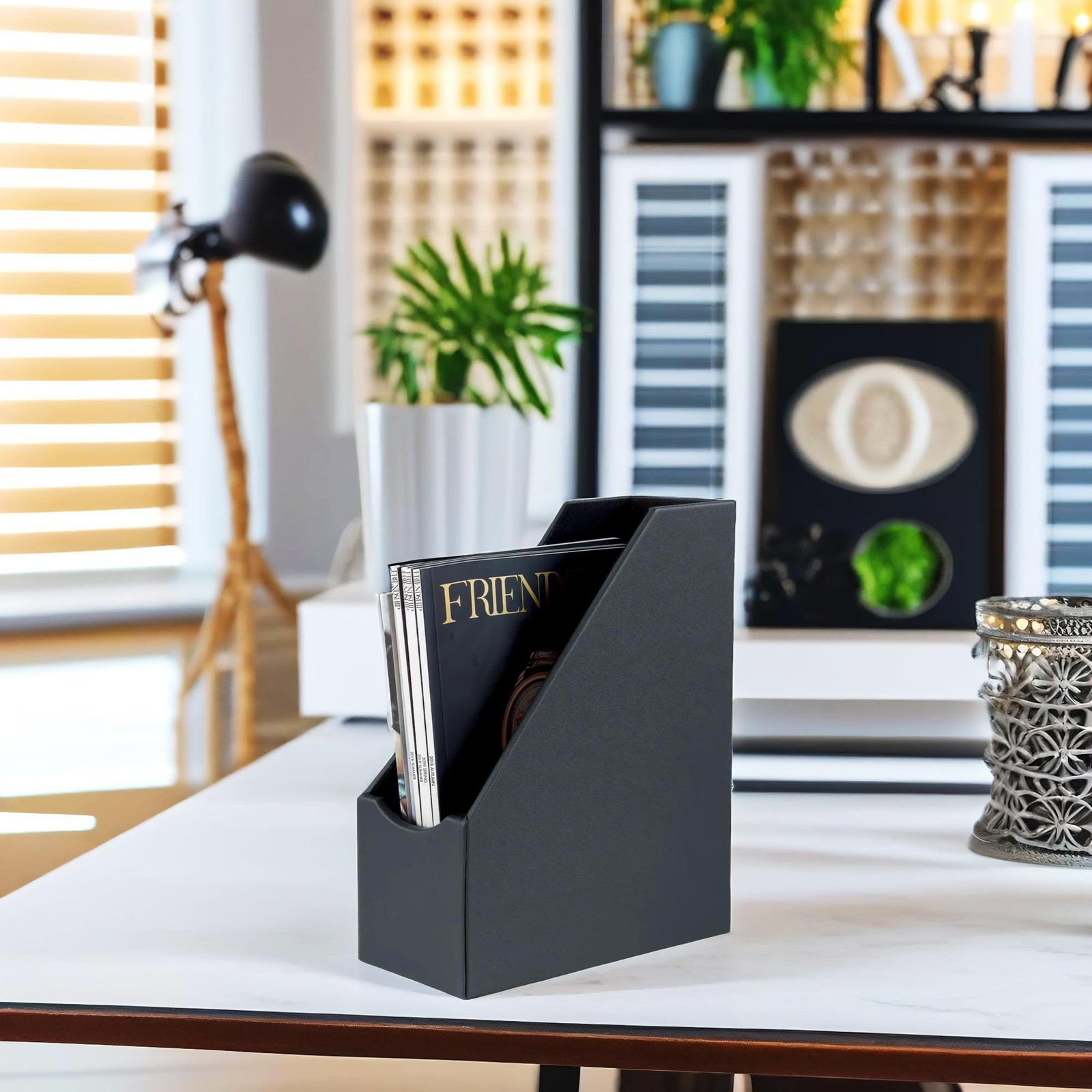 Magazine File Holder Leatherette Desktop Document Organizer Dark Grey