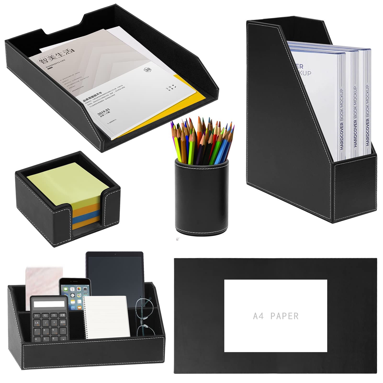 Office Supplies PU Leather 6-Piece Set Desk Organizer,Include Writing Pad,Let…