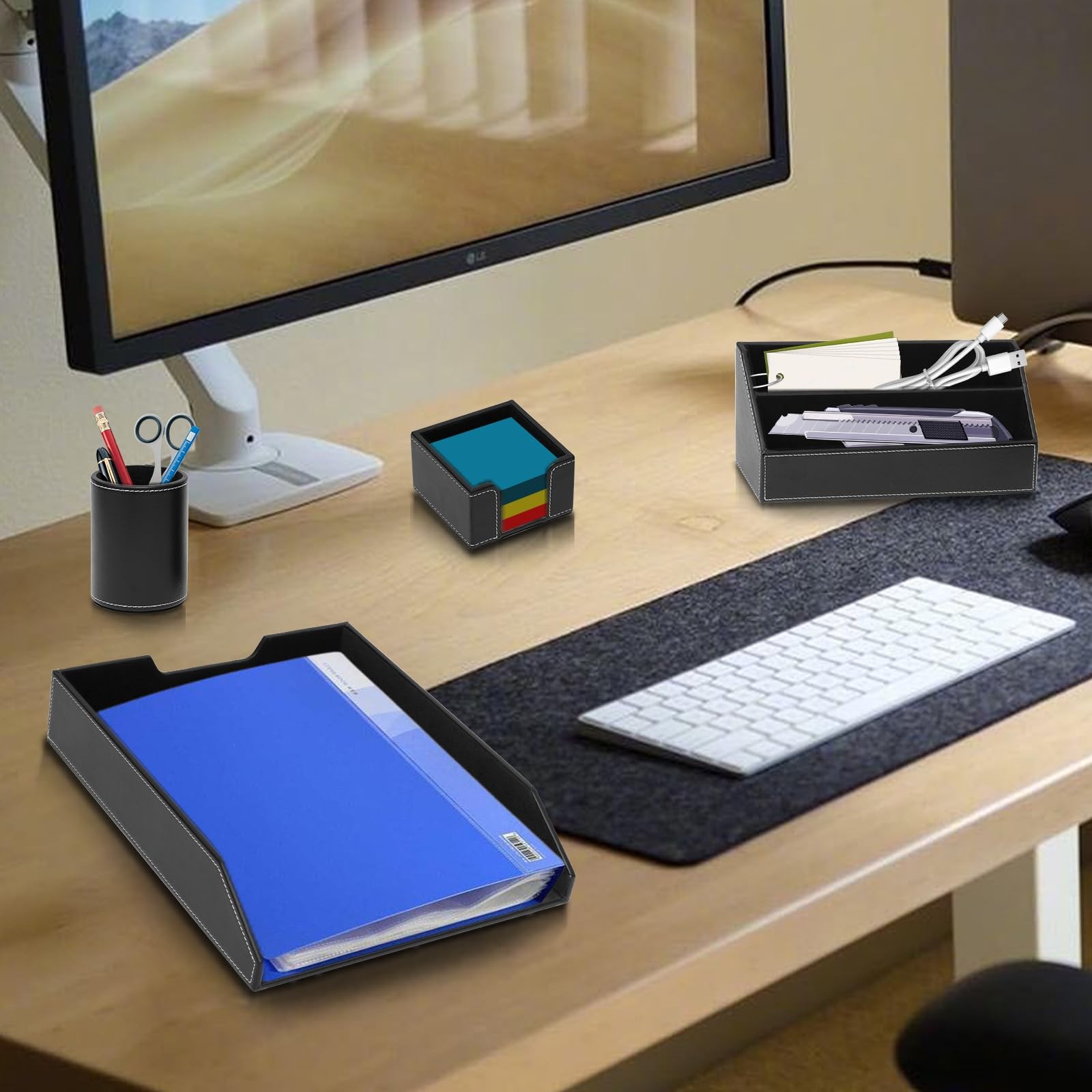 Office Supplies PU Leather 6-Piece Set Desk Organizer,Include Writing Pad,Let…