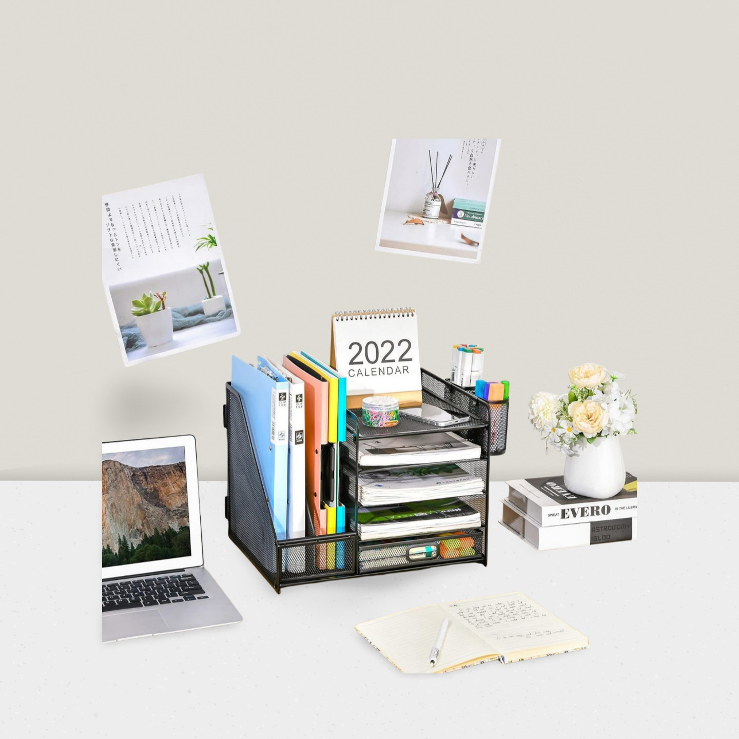 Desk Organizer with File Holder 5-Tier Tray Drawer Pen Holder for Office Black