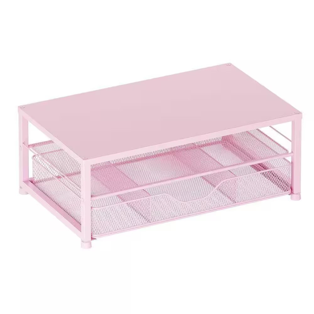 Pink 15.5 In. X 6.3 In. Metal Modern Desk Organizers with Drawer and 2 Pen Holde
