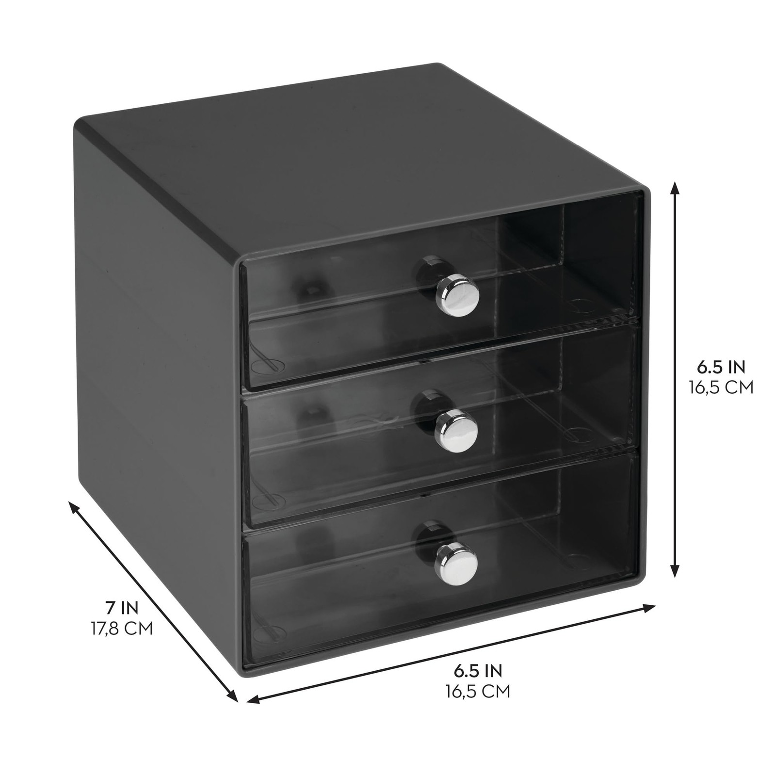iDesign Divided 3-Drawer Stackable 7 inches x 7 x 7 inches, Black
