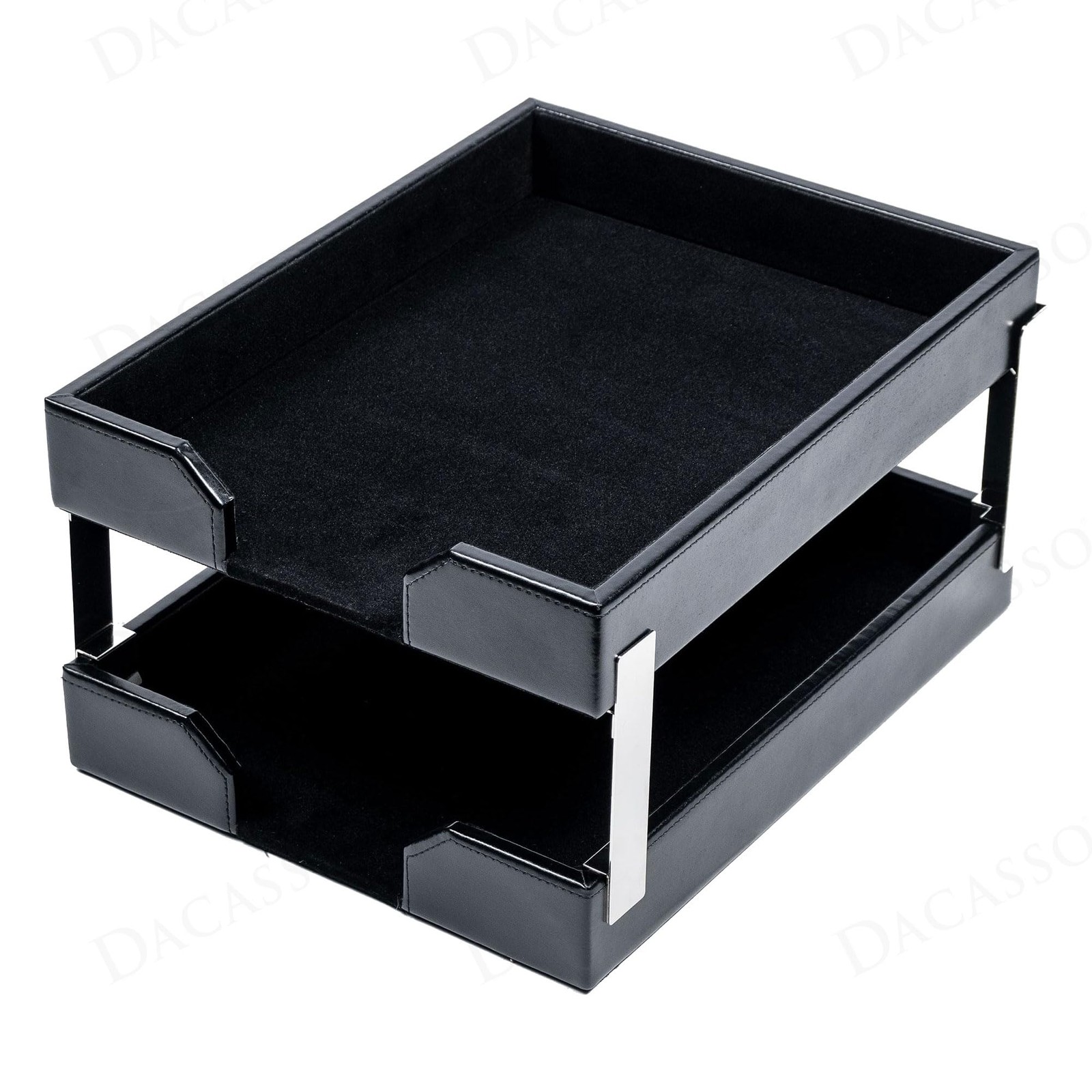 Black Bonded Leather Front-Load Double Letter Tray Set w/Silver Stacking Post…