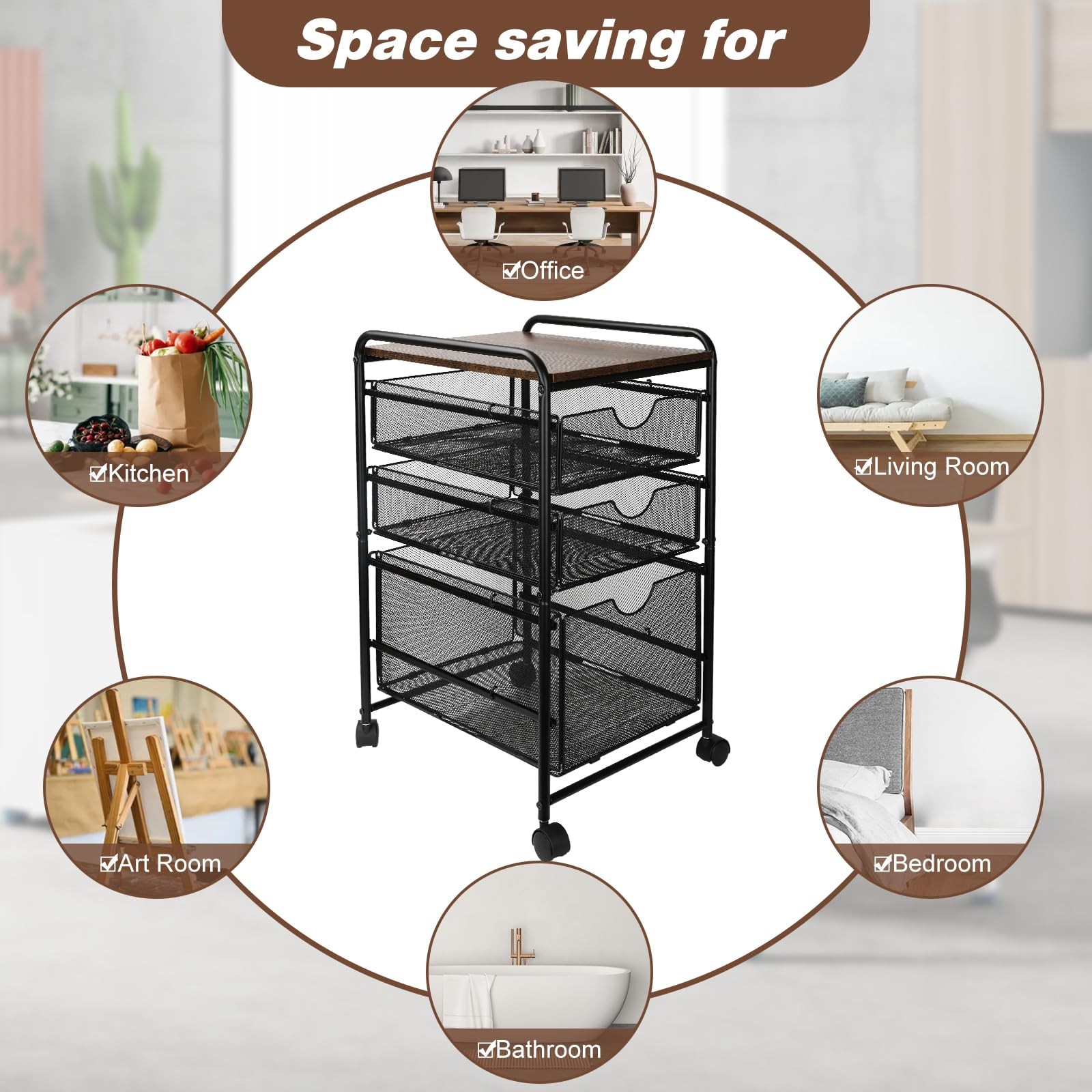 EasyPAG 3-Tier Rolling File Cart with 1 Large & 2 Small 3 Drawer, Black