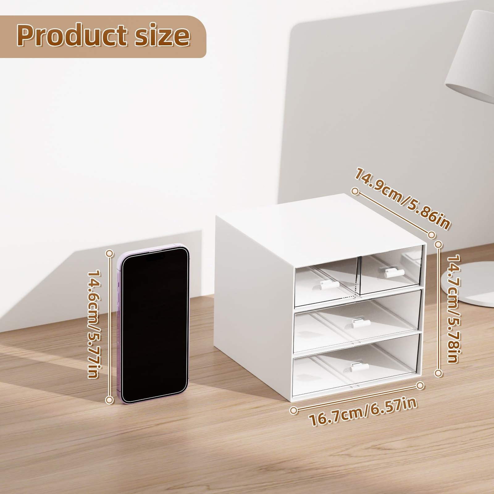 Desk Organizer with 4 Drawers，Office Organization, Clear Plastic Desk Organiz…