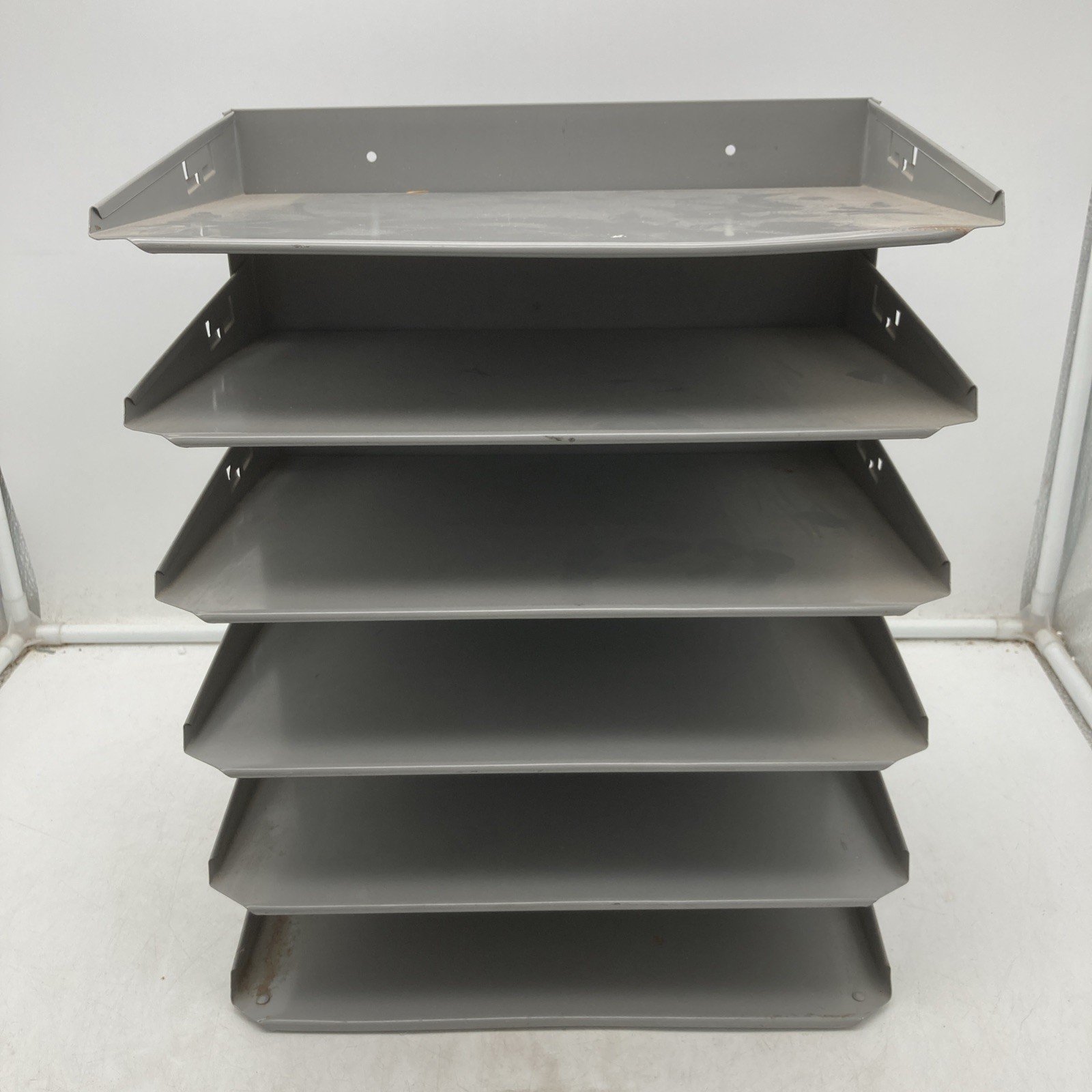 Vtg Industrial Gray Metal Horizontal 6 Tray Slot File Holder Desk Wall Organizer