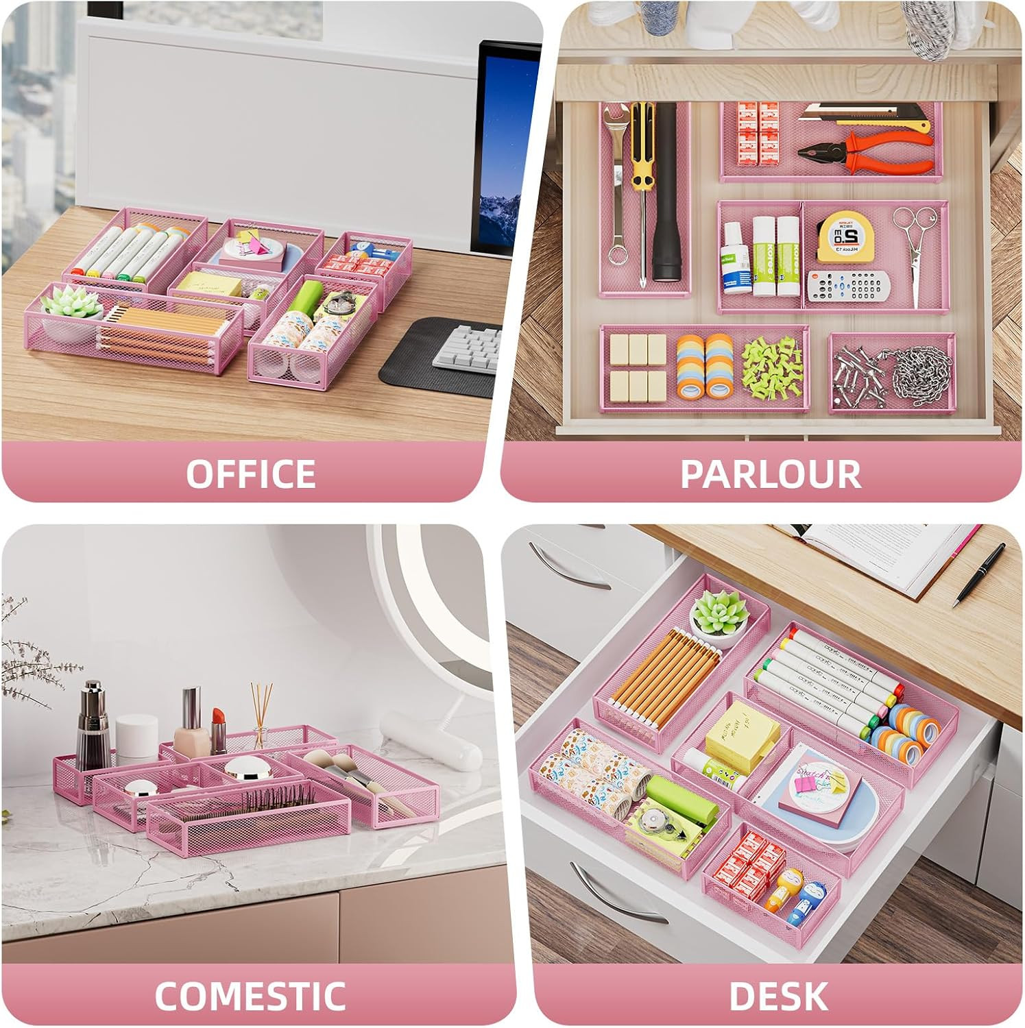 5 Pack Desk Drawer Organizer Set, Mesh Drawer Storage Trays with 1 Adjustable Di