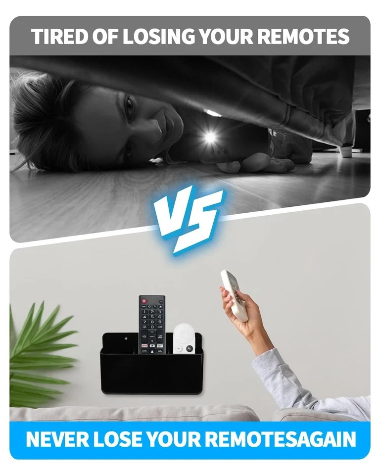 3 Slot Adjustable Remote Control Holder Wall Mount Adhesive Organizer Black