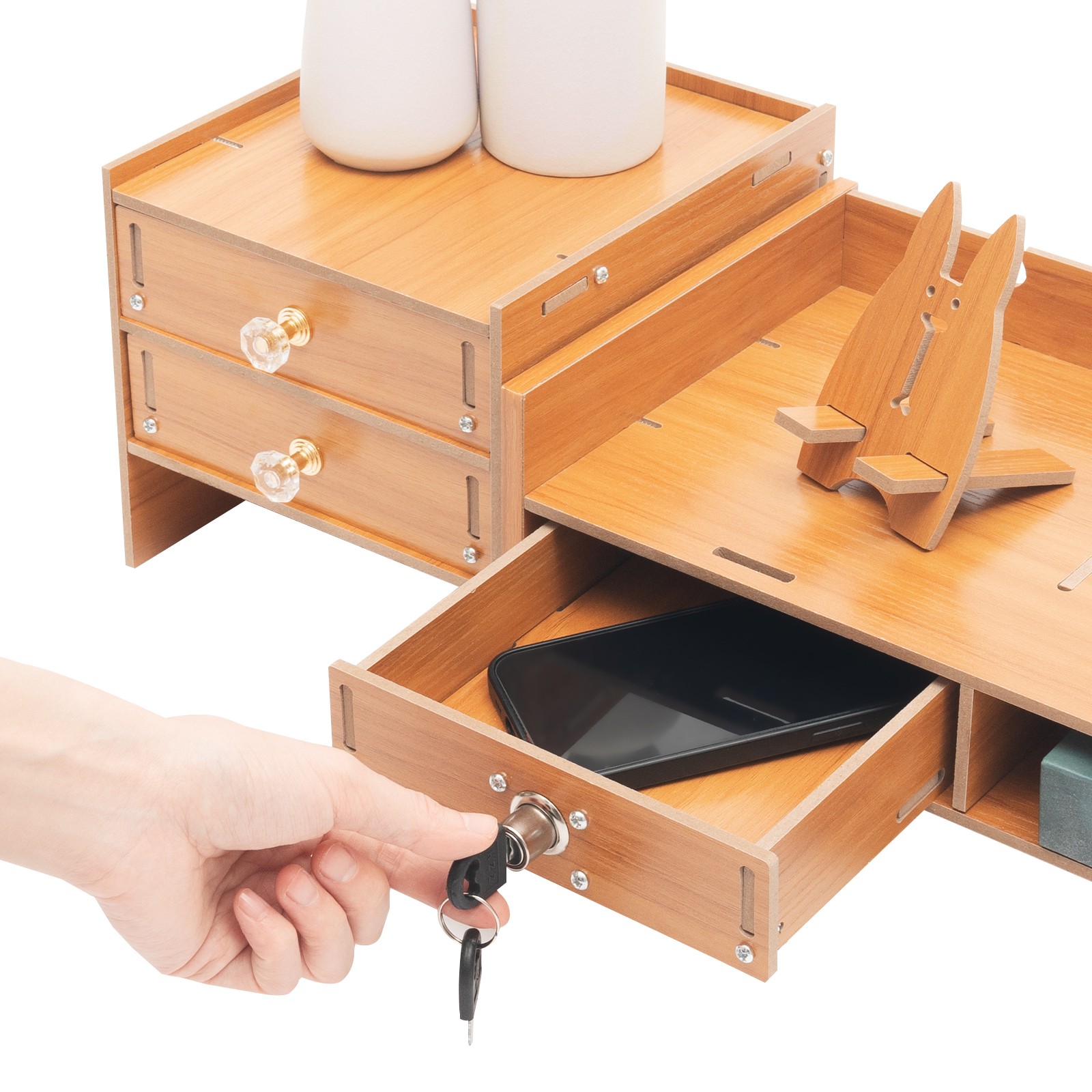 Wooden Desk Organizer with Drawers Office Supplies Computer Desktop Tabletop