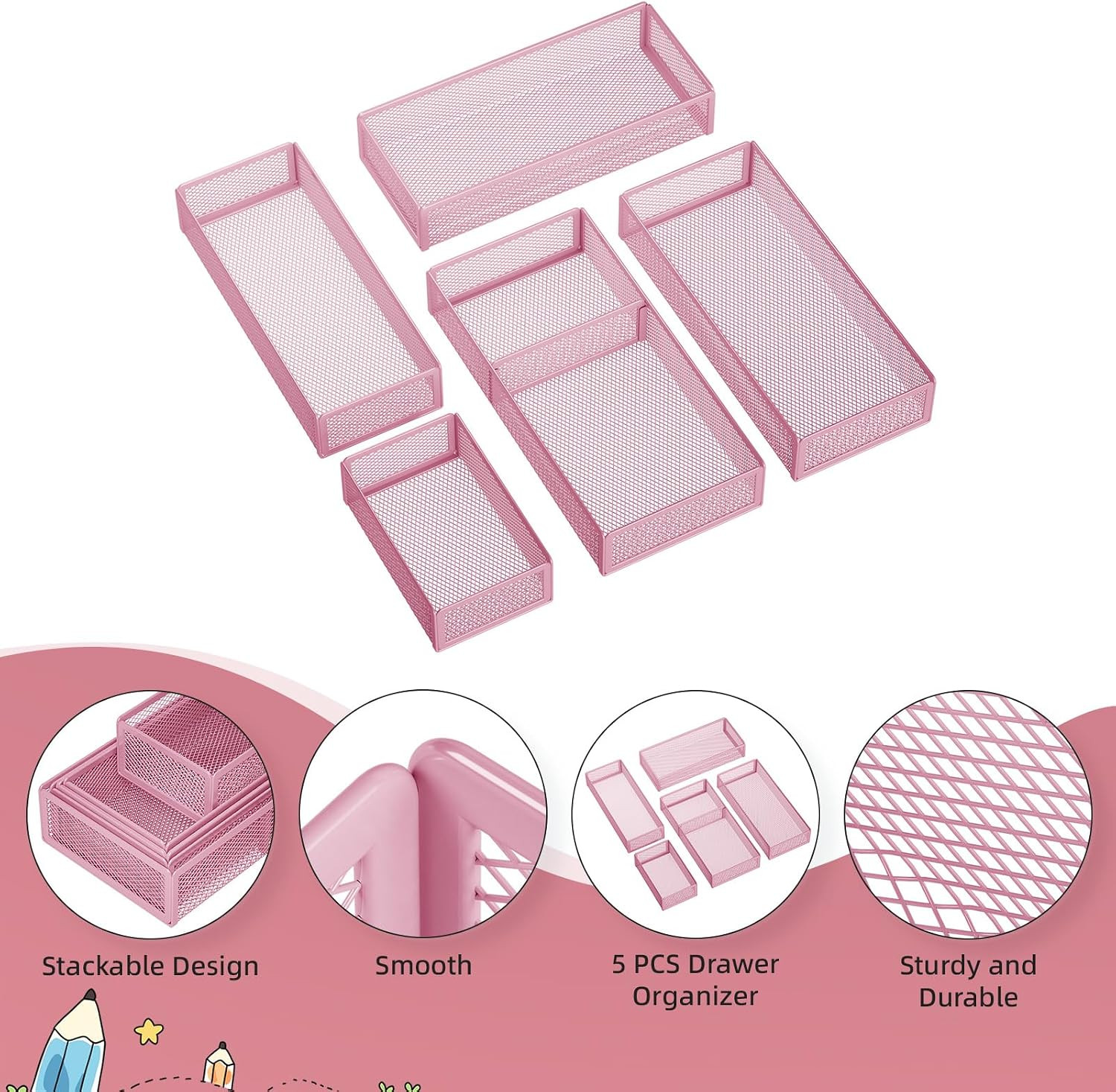 5 Pack Desk Drawer Organizer Set, Mesh Drawer Storage Trays with 1 Adjustable Di
