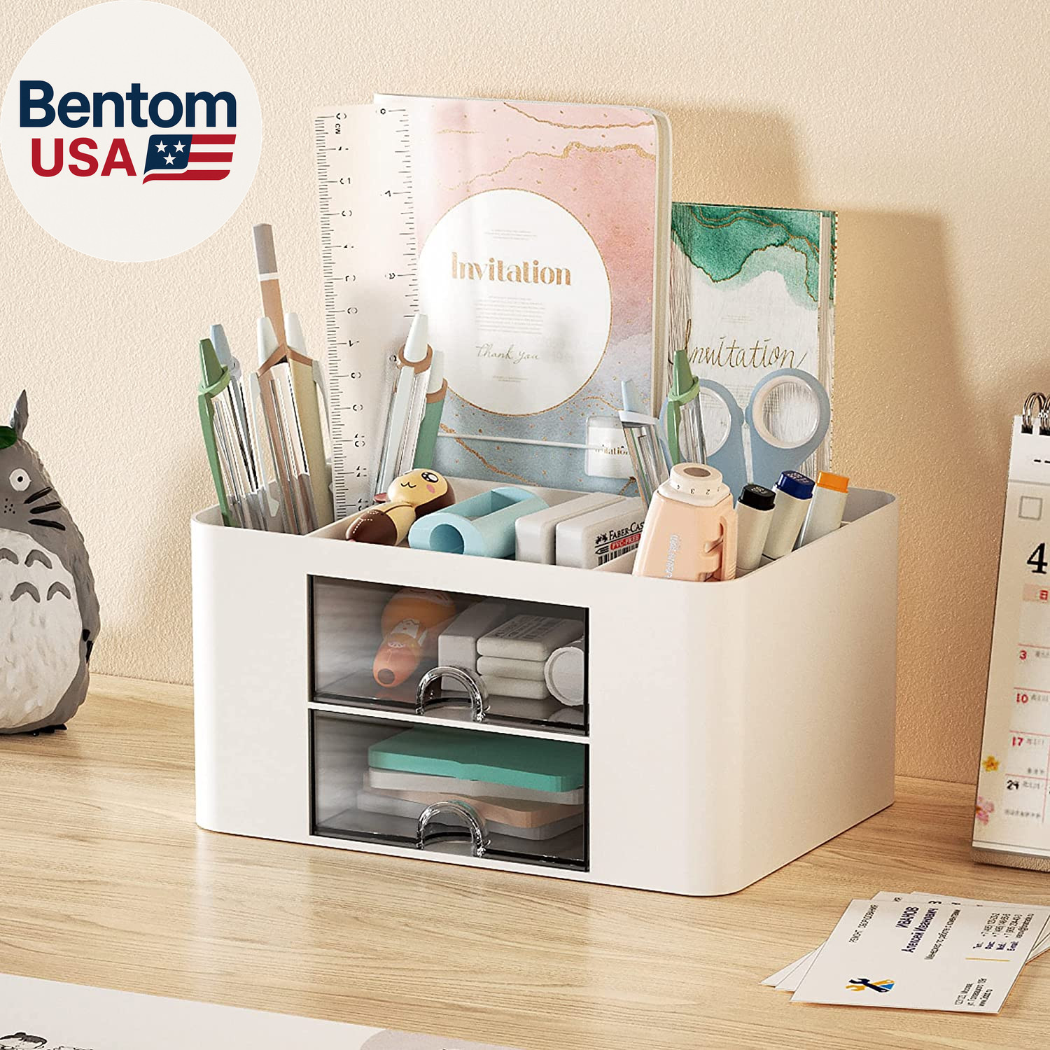 Pen Organizer with 2 Drawer, Multi-Functional Pencil Holder for Desk, Desk Organ