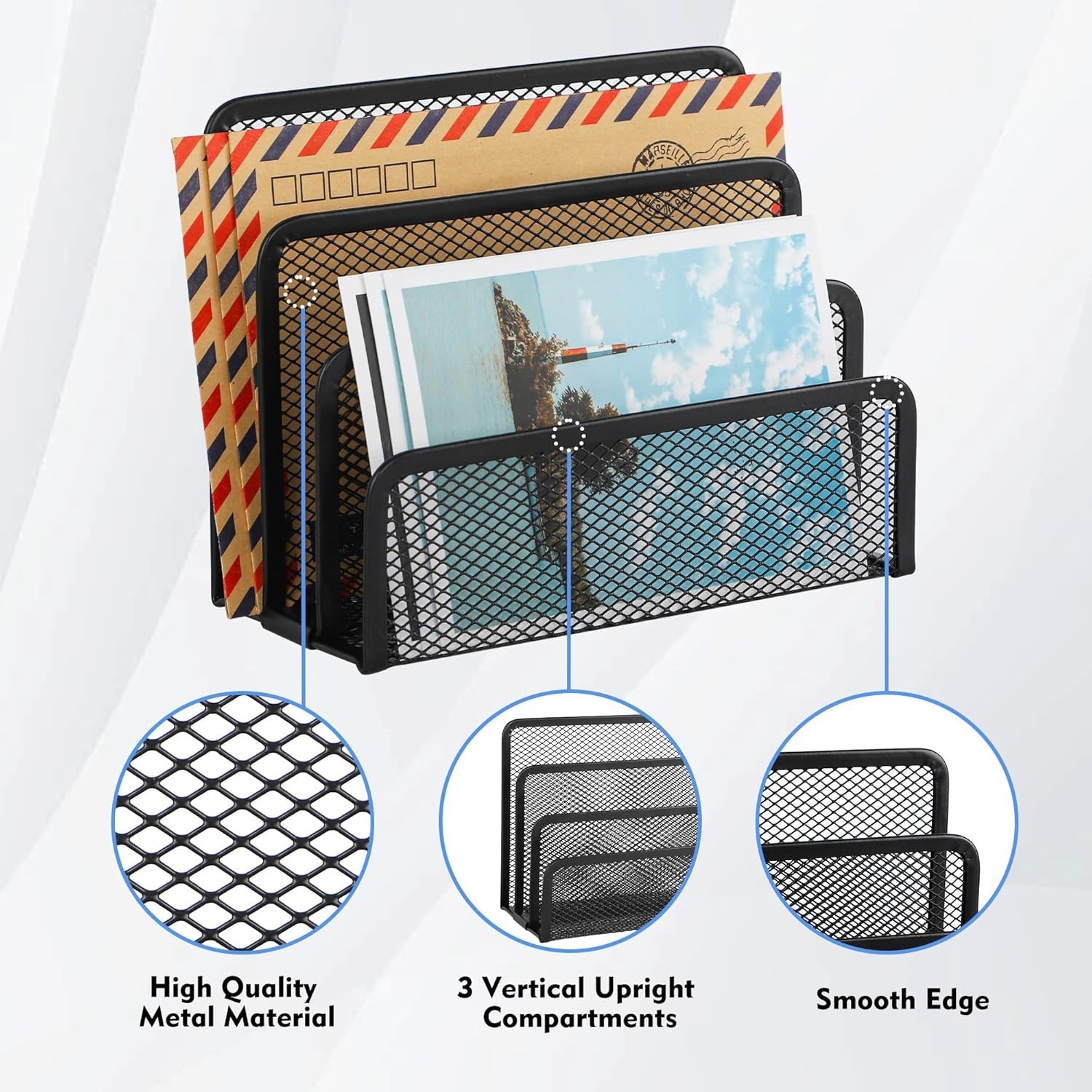Rust-Resistant Vertical Letter Organizer – Stylish Desktop File Holder in Black