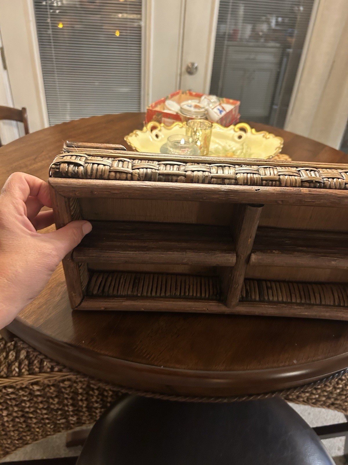 Vintage Wood & Woven Rattan Organizer Tray 4 Compartment Desk Caddy Rustic Boho
