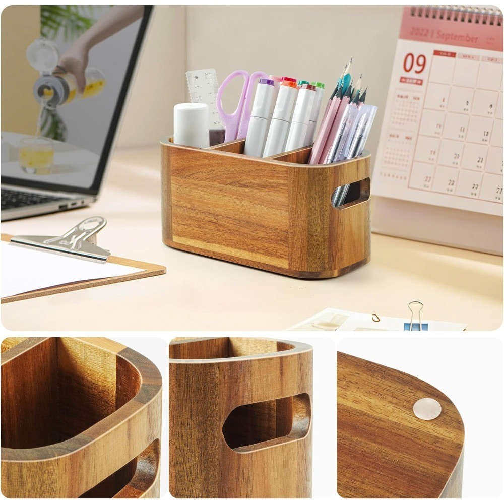Acacia Pencil Pen Holder for Desk, Wooden Office Organizer with 3 Slots for